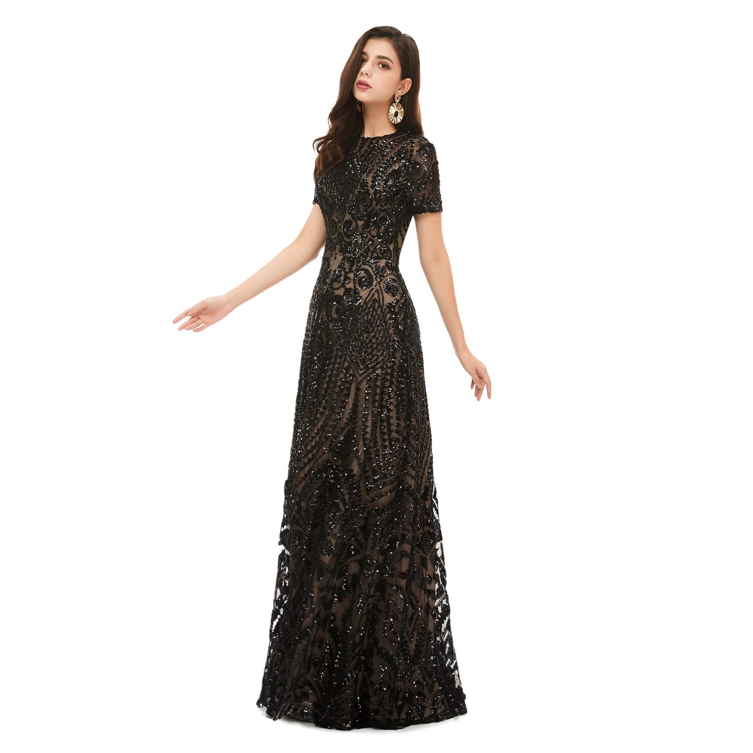 Elegant A-Line Sequined Short Sleeve Evening Dress for Bridesmaid, Prom & Formal Events - Perfect for Weddings, Parties & Special Occasions