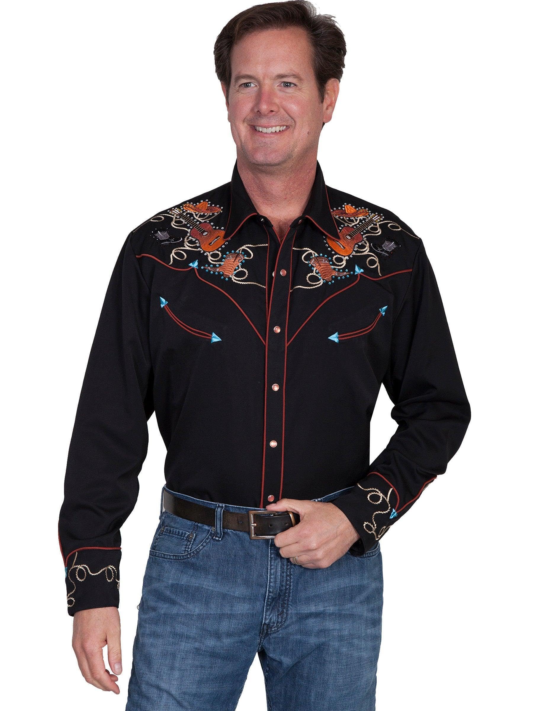 Scully Boots Hats & Guitars Embroidered T-Shirt for Men & Women - Black Cotton Graphic Tee - Perfect for Concerts, Western Outfits & Casual Wear
