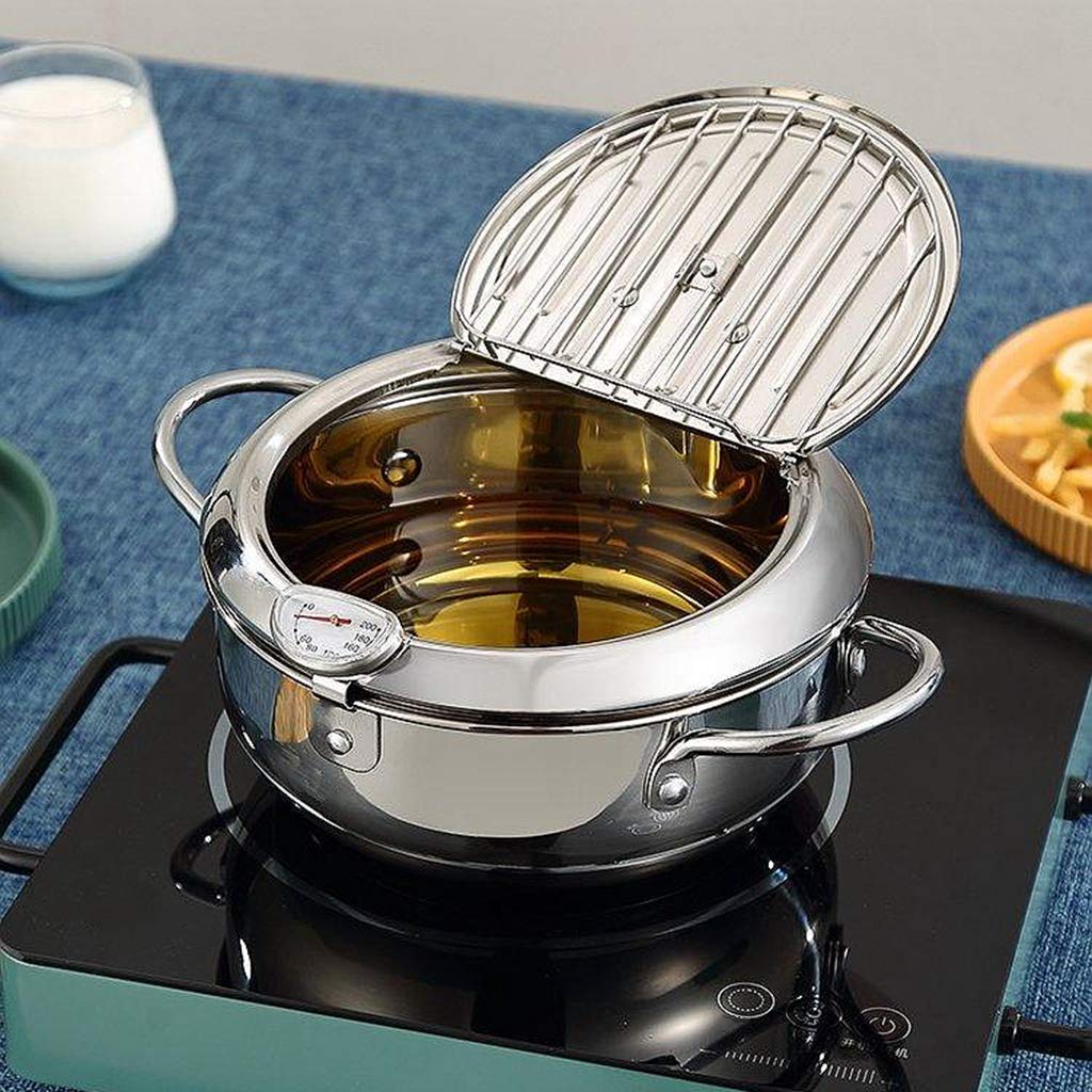 Premium Stainless Steel Deep Fryer Pot with Drainer & Thermometer - 20cm Tempura Fry Pan for Home & Restaurant Use - Perfect for Frying Chicken, Fish, Donuts & More