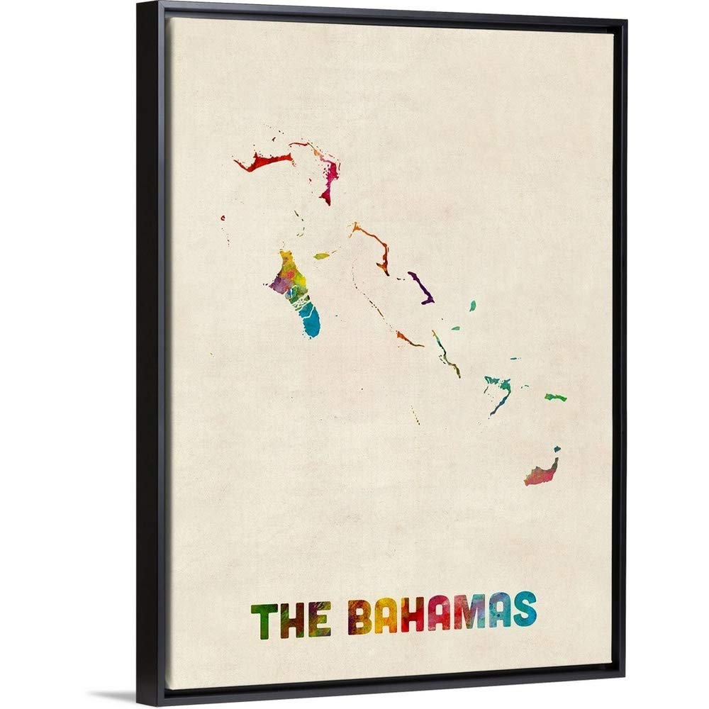 The Bahamas Watercolor Map Art Print - Black Float Frame Canvas Wall Decor for Home, Office & Beach House | Island Travel Inspired Gift