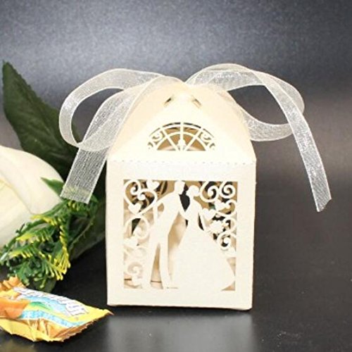 50Pcs Elegant Laser-Cut Wedding Favor Boxes - Ivory Pearl Candy Gift Box with Ribbon for Bridal Shower, Reception & Party Favors | Perfect for DIY Wedding Decorations & Sweet Treats
