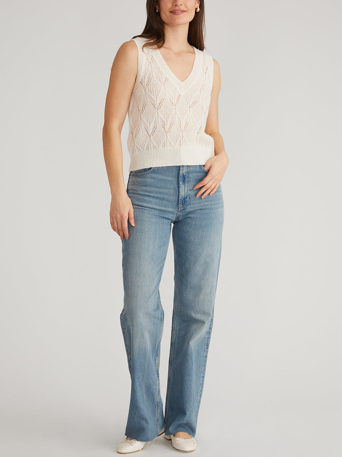 Serena Pointelle V Neck Vest for Women - Lightweight Knit Layering Top - Perfect for Spring & Summer Outfits, Office Wear, and Casual Styling