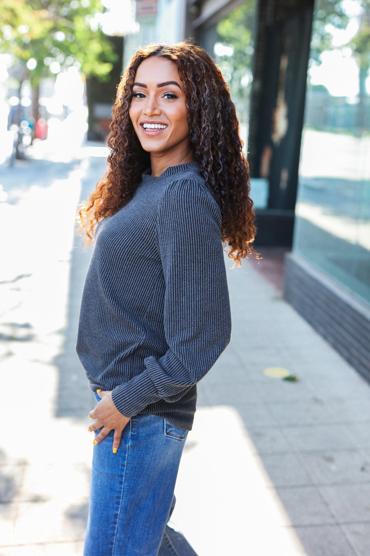 Everyday Charcoal Rib Mineral Wash Long Sleeve Top for Women | Soft Comfortable Casual Shirt | Perfect for Work, Weekend & Layering