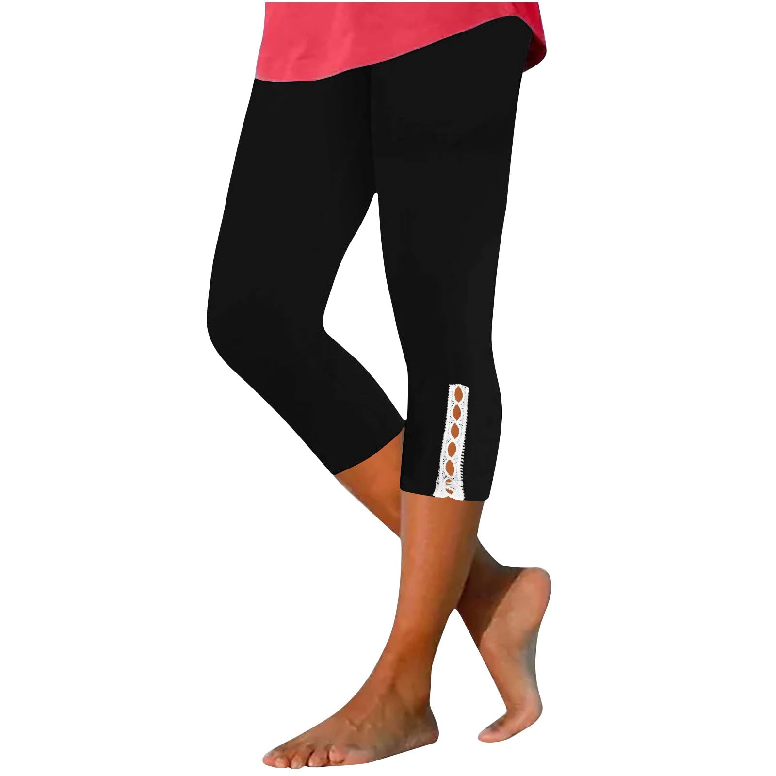 Women's High Waisted Capri Leggings with Lace Trim - Tummy Control Yoga Pants & Workout Compression Pants for Running, Gym & Lounge Wear