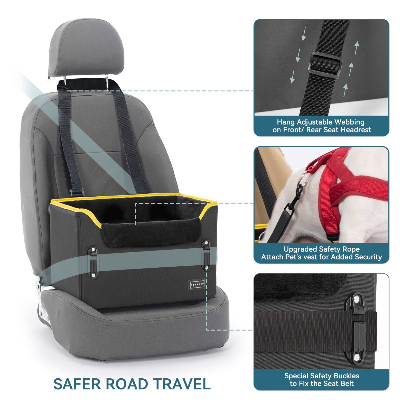 PETSFIT Small Dog Car Seat - Portable Pet Carrier with Secure Buckles & Clip-On Leash for Small Dogs Under 25lbs (Black) - Perfect for Road Trips & Safe Car Travel with Your Pet