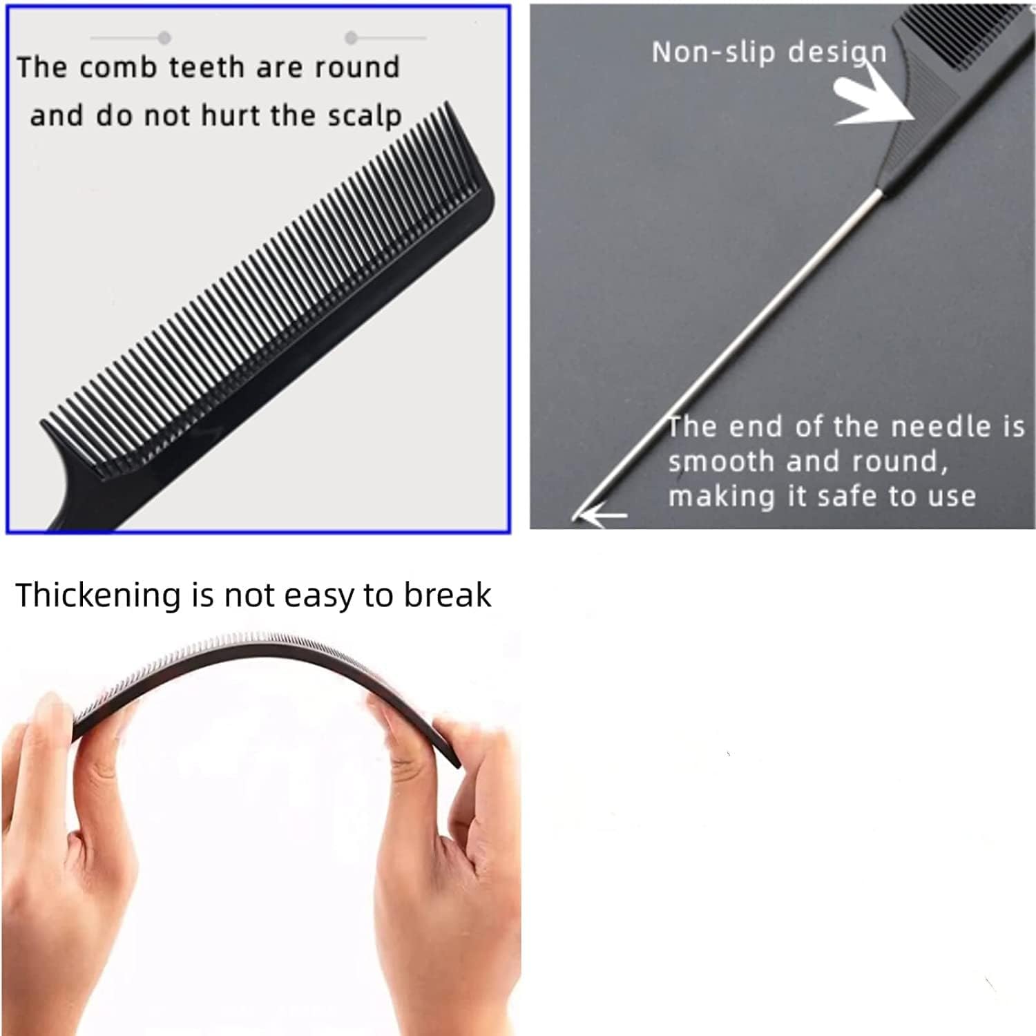 Carbon Fiber Tail Comb & Hair Roller Brush Set - Detangling Pintail Comb & Round Styling Brush for Men & Women - Perfect for Salon, Home Hairstyling & Curling - Black