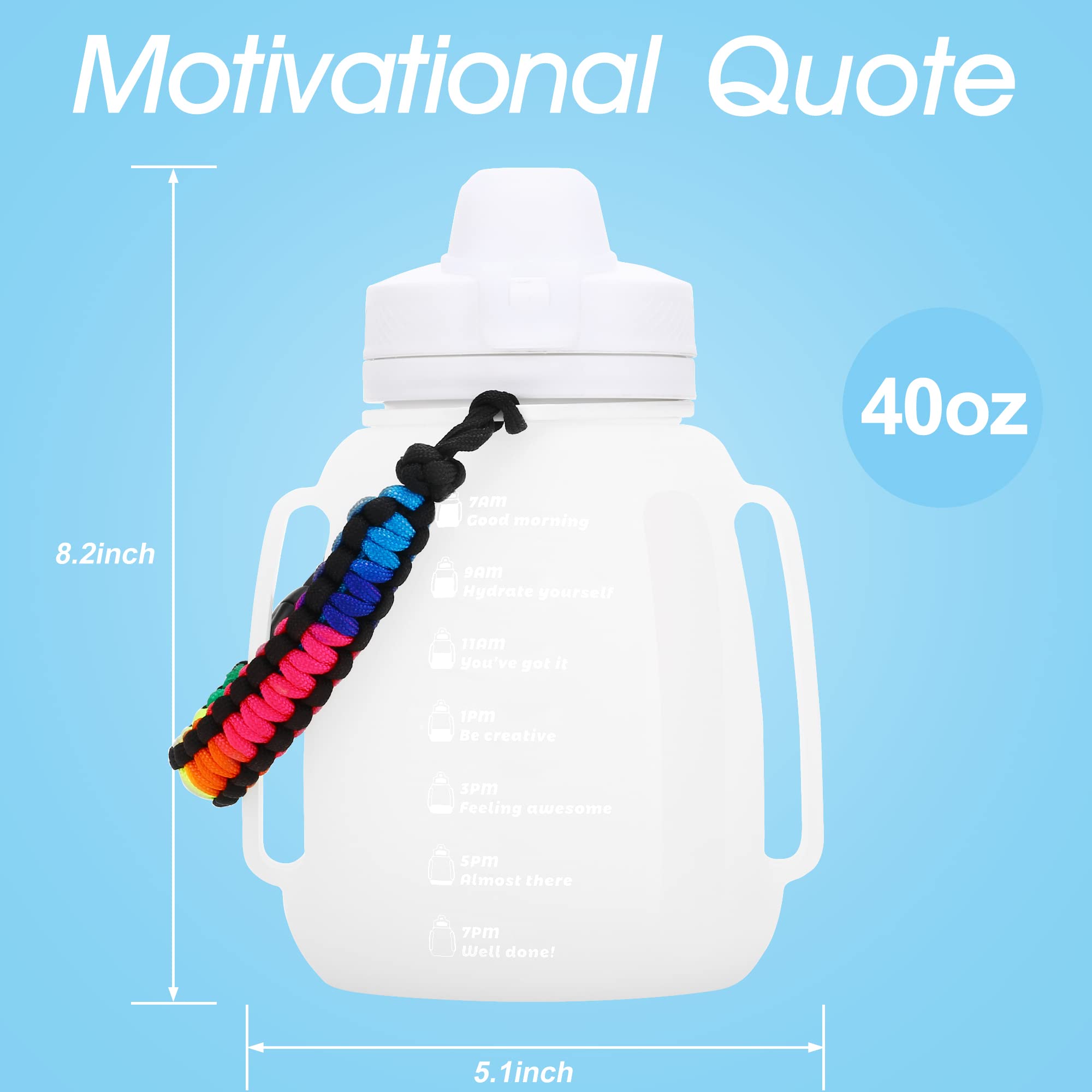 1.2L (40oz) Motivational Collapsible Water Bottle with Straw & Paracord Handle - Reusable Silicone Sports Jug with Time Marker, Leakproof Design for Yoga, Hiking, Gym & Outdoor Activities