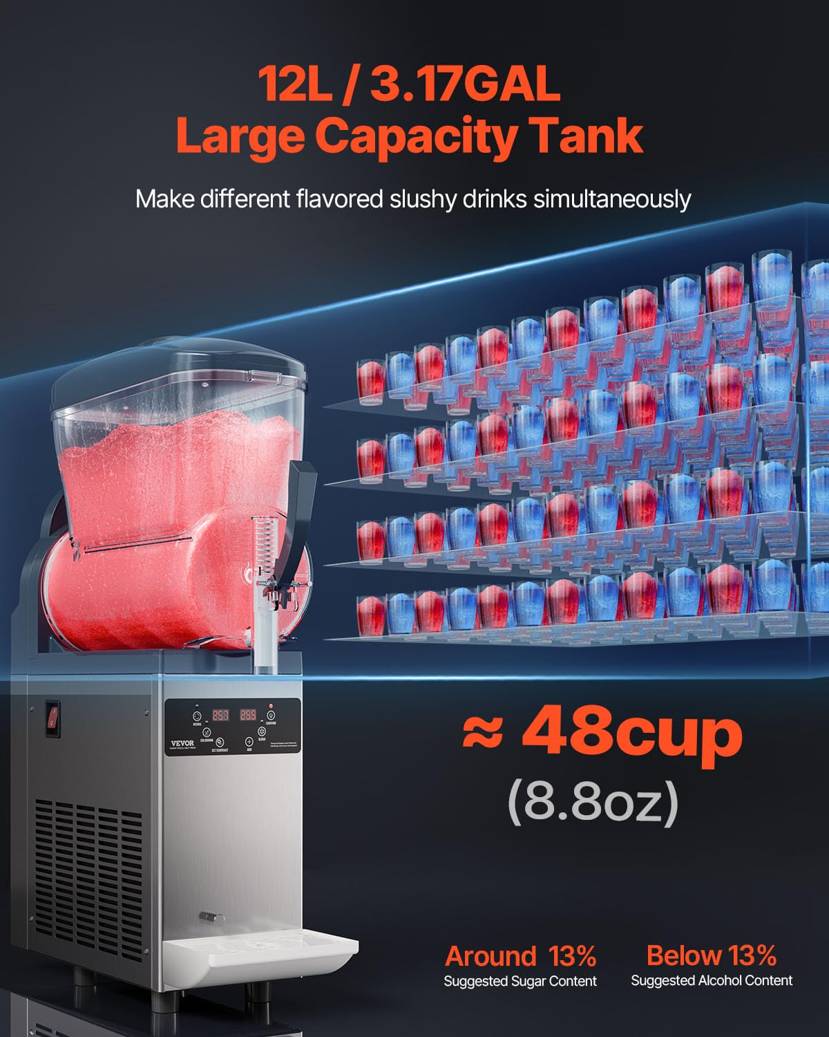 VEVOR 12L Commercial Slushy Machine - Stainless Steel Frozen Drink Maker for Margaritas, Smoothies & Slushies - Ideal for Home Parties, Restaurants, Cafes & Bars (48 Cups Capacity) | Perfect for Summer Parties, Cocktail Making & Frozen Beverage Business