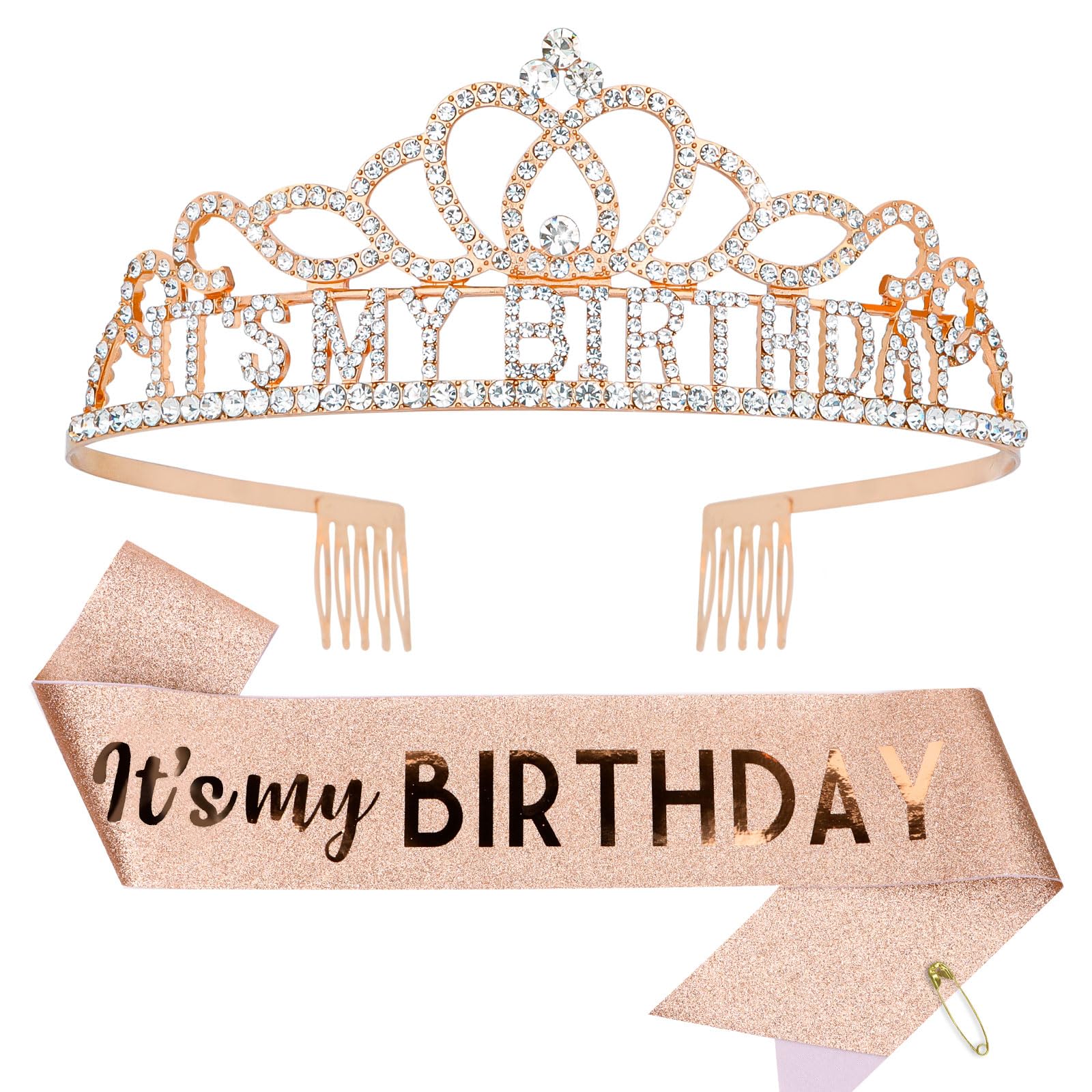 Rose Gold Birthday Crown & Sash Set for Women - Elegant Adult Birthday Party Decorations & Gifts - Perfect for Birthday Celebrations, Bachelorette Parties & Special Occasions