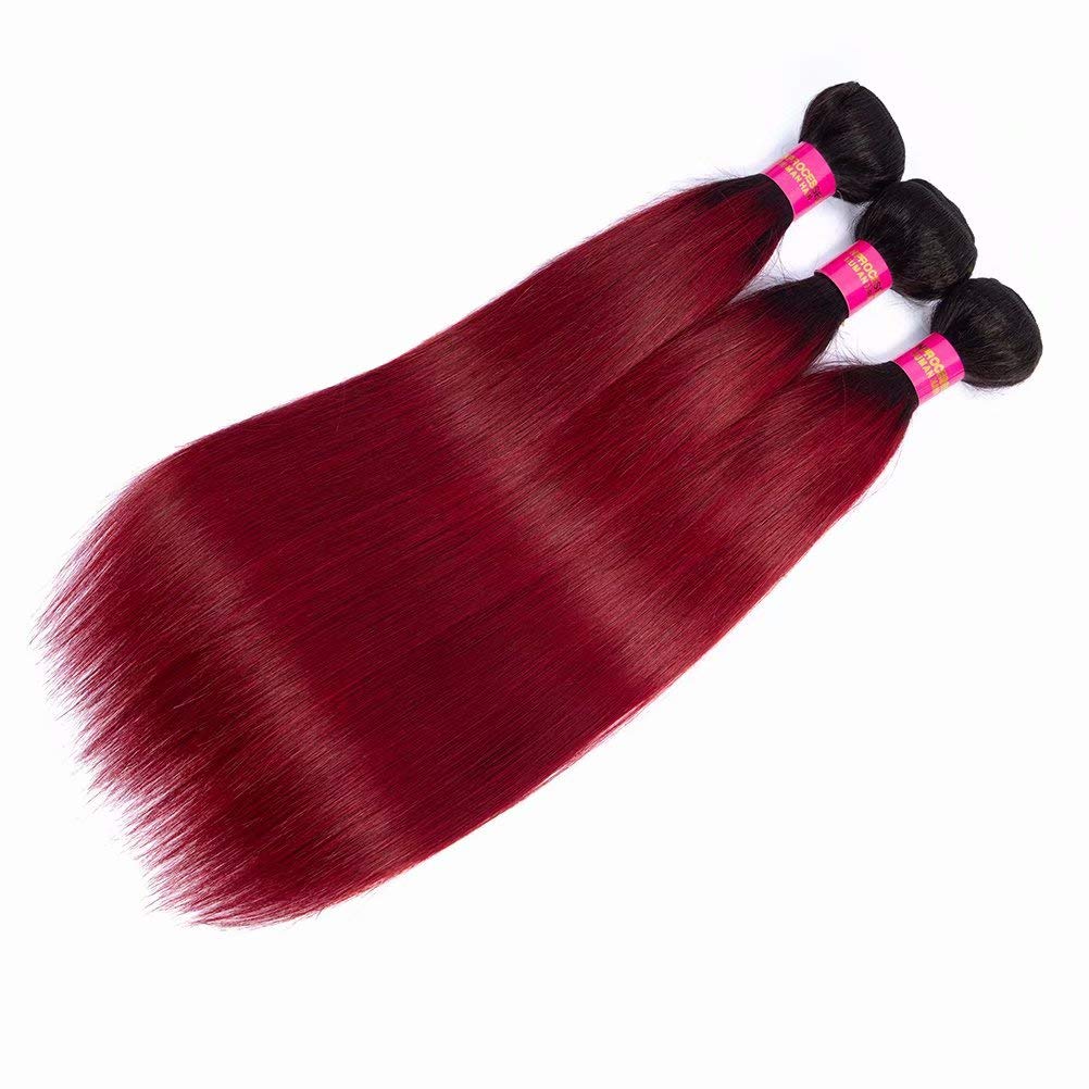 FEEL ME Ombre Straight Hair Bundles 8A Premium Brazilian Virgin Human Hair Extensions - 3 Bundles (12 14 16 Inch) Burgundy Red Ombre Color 1B for Styling, Volume & Length - Perfect for Parties, Weddings & Daily Wear
