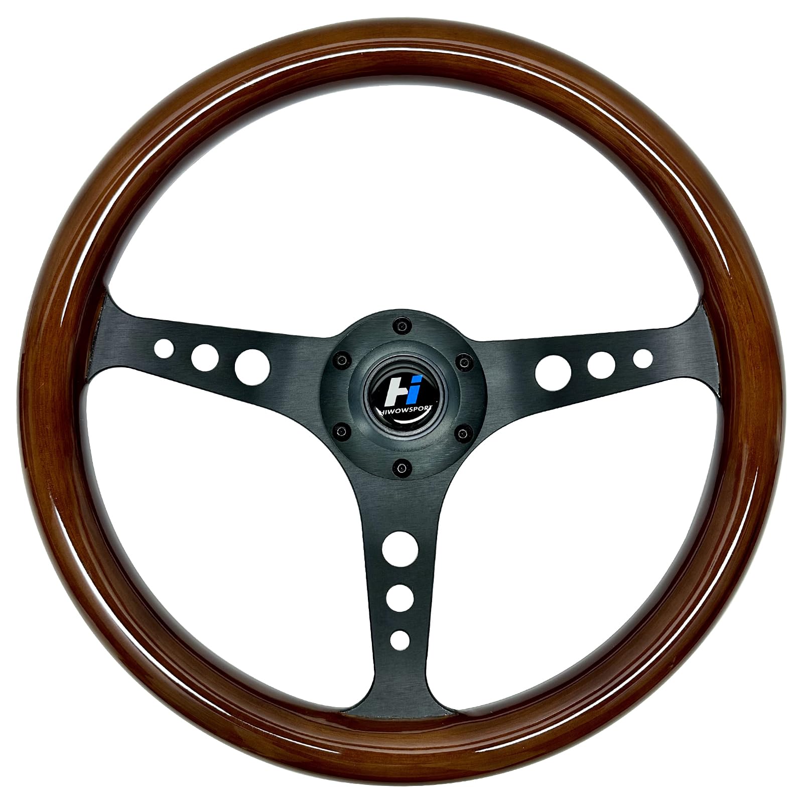 14 Inch Universal Classic Wood Grain Racing Steering Wheel - 3 Spoke Design, 1.5 Inch Depth, Brushed Finish with Horn Button (6 Bolt Pattern) - Perfect for Sports Cars, Vintage Vehicles & Racing Simulators