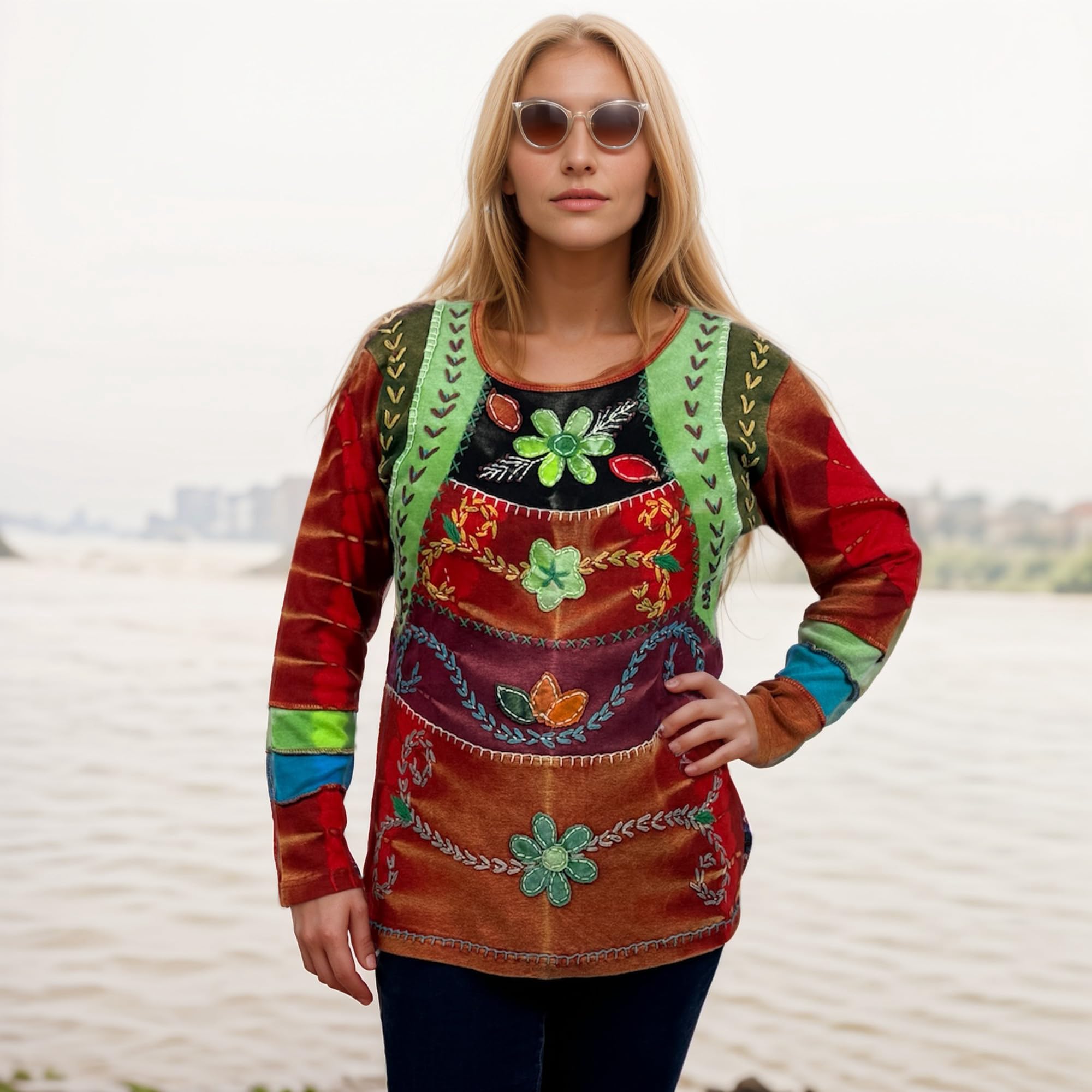 Agan Traders Women's 2025 Spring Rib Knit Cotton Stonewashed Bohemian Embroidered Long Sleeve Blouse - Tie Dye Patched Top (Size L, Red M2) | Casual Wear, Festival Outfit, Boho Chic Style