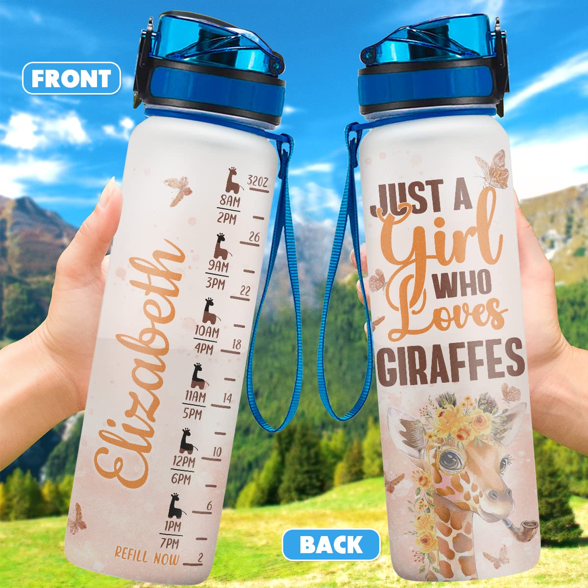 Wowcugi Personalized 32oz Giraffe Water Bottle with Time Marker - Custom Sports & Workout Bottle for Women, Girls, Kids & Teens - Perfect Gift for Giraffe Lovers - Ideal for Gym, School, Office & Outdoor Activities