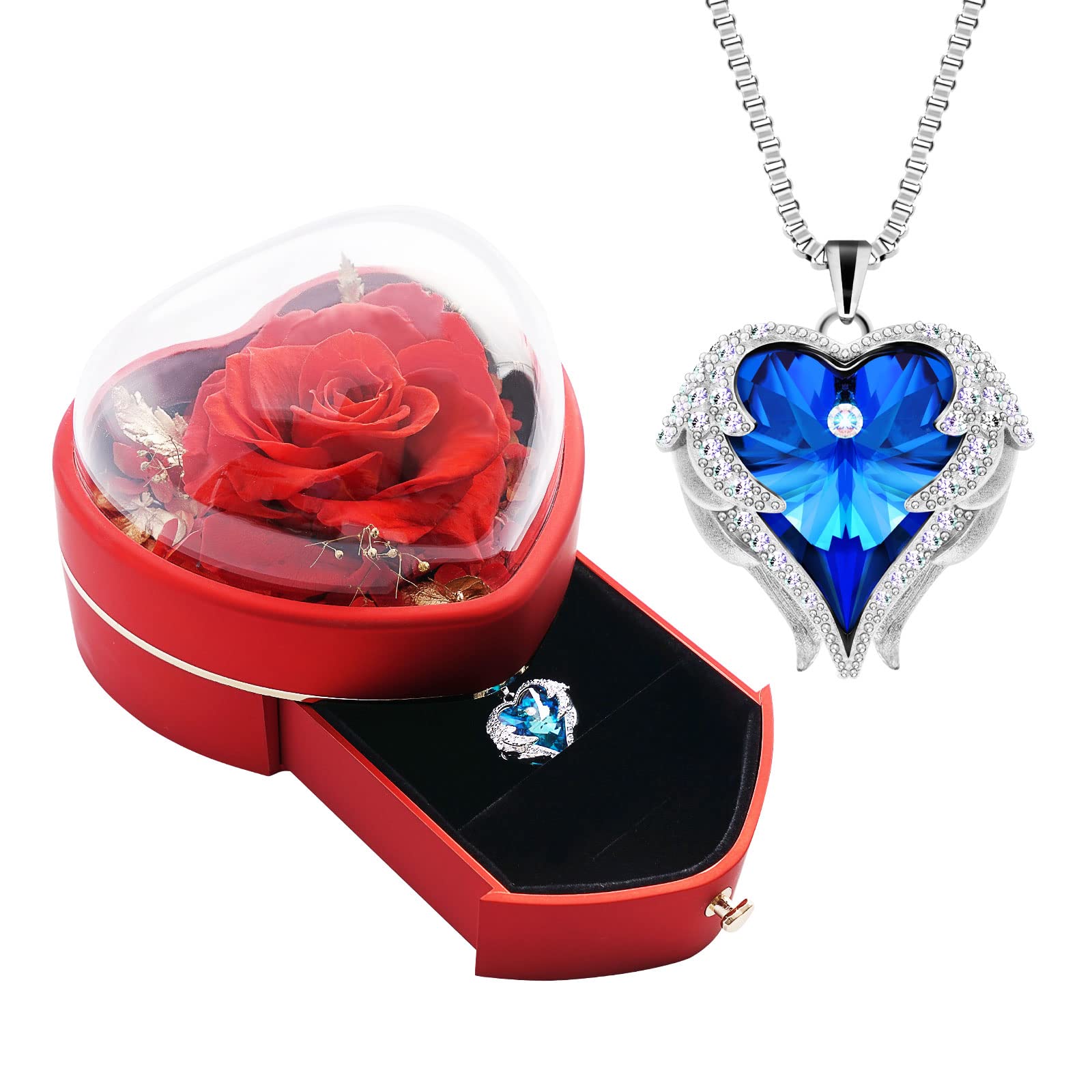 Real Preserved Red Rose in Glass Dome with Heart Necklace - Romantic Gift for Girlfriend, Wife, Mom & Grandma - Perfect for Valentine's Day, Anniversary, Birthday & Mother's Day - Home Decor & Keepsake Gift for Women