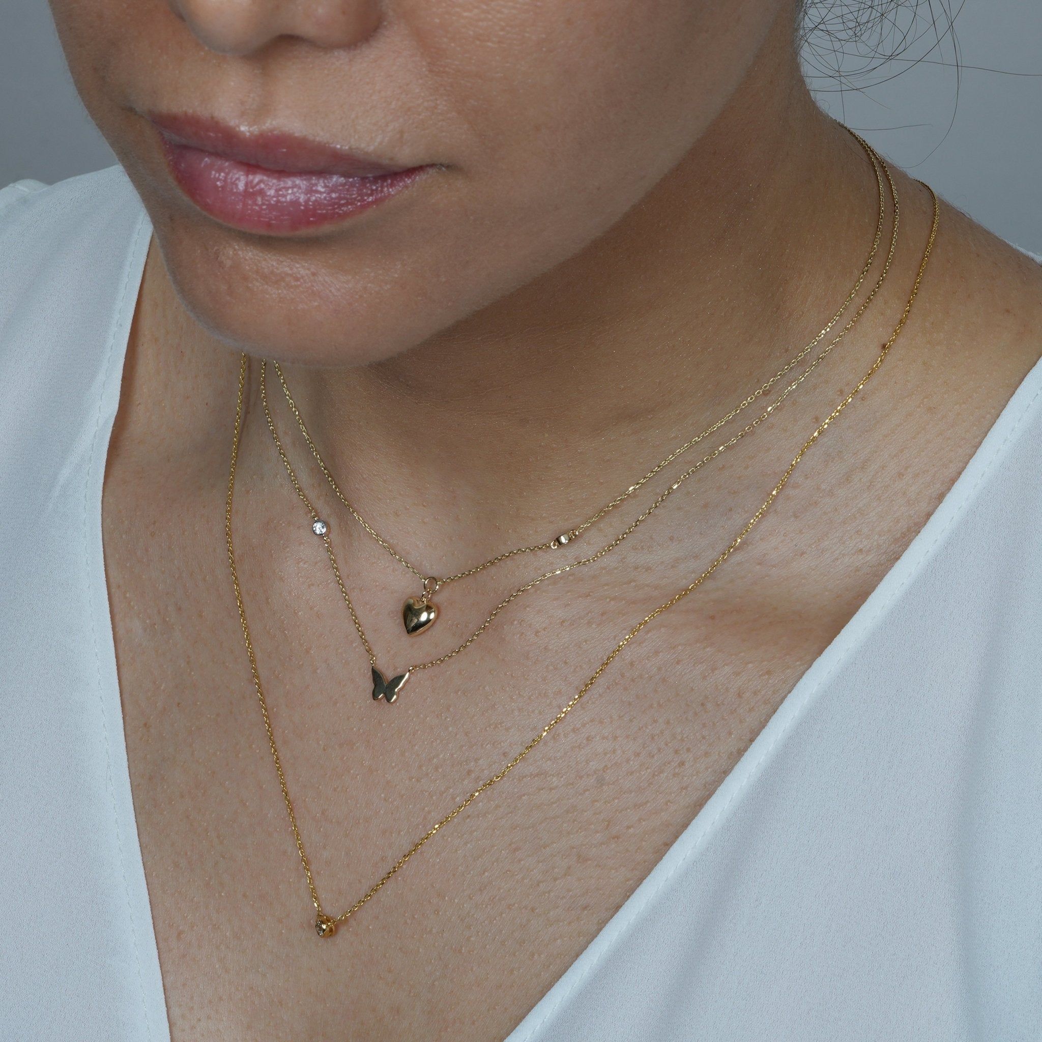 14k Yellow Gold Bubble Butterfly and Diamond Station Necklace - Elegant Layering Jewelry for Women, Perfect for Weddings, Anniversaries & Everyday Wear
