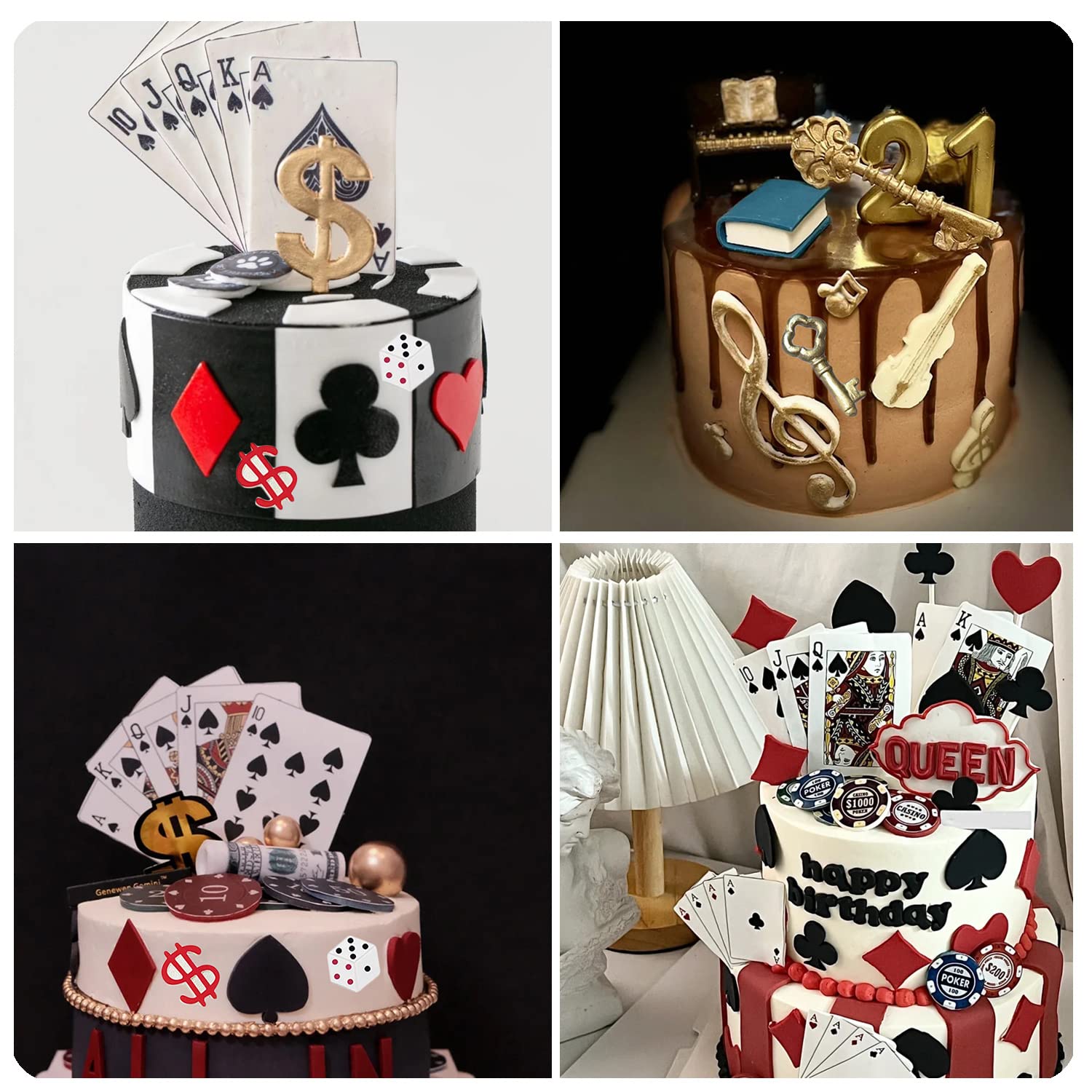 Alice in Wonderland Poker Theme Fondant Molds Set - 4PC Silicone Cake Decorating Kit (Hat, Key, Clock, Cards) for Cupcake Toppers, Chocolate, Gum Paste & Polymer Clay - Perfect for Tea Party, Birthday & Cosplay Events