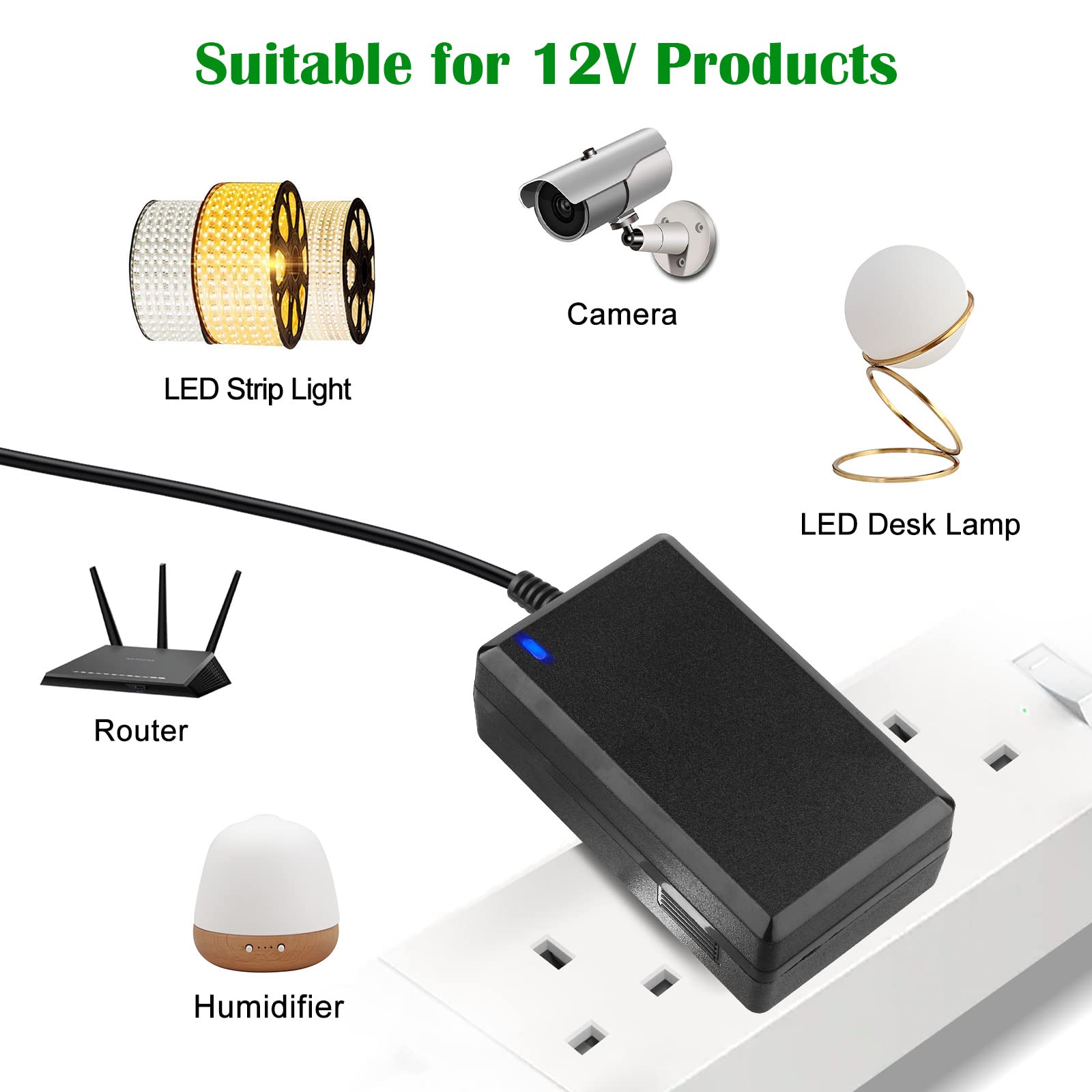 12V 4A Power Adapter UK Plug - AC 100-240V to DC 12V 4A 48W Converter with 5.5x2.5mm Tip - Universal Power Supply for LED Strip Lights, CCTV Cameras, Routers, LCD Monitors, Security Systems & Home Electronics