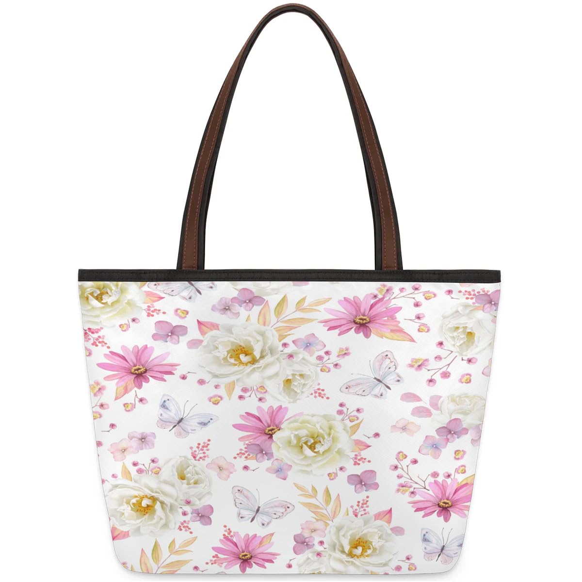 POFATO Women's Tote Bag - White Pink Rose Butterfly Print Handbag for Work, Shopping & Travel | Medium Size Multicolor Shoulder Bag | Perfect for Office, Beach & Daily Use