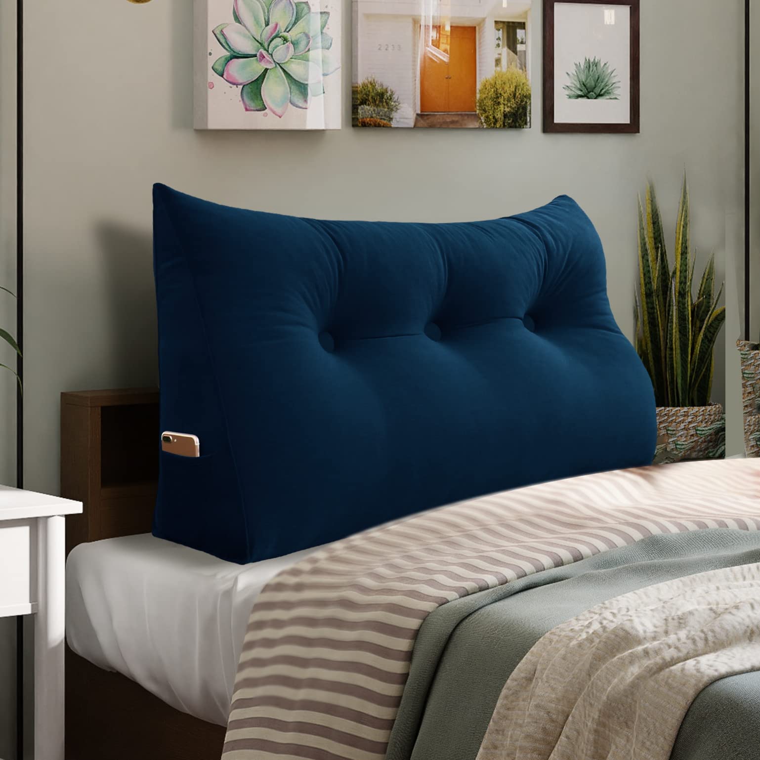 Velvet Deep Blue Twin Headboard Reading Pillow - Large Adult Backrest Wedge Cushion for Sitting Up in Bed, Dorm Room & Lounge Support - Perfect for Reading, Watching TV, or Relaxing in Bed
