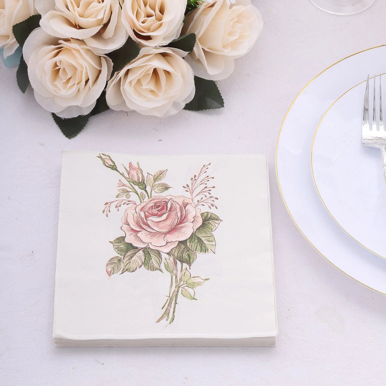 20-Pack Ivory & Pink Rose Cocktail Napkins 13x13 Inch Disposable Paper Napkins for Wedding, Bridal Shower, Birthday Party & Elegant Events