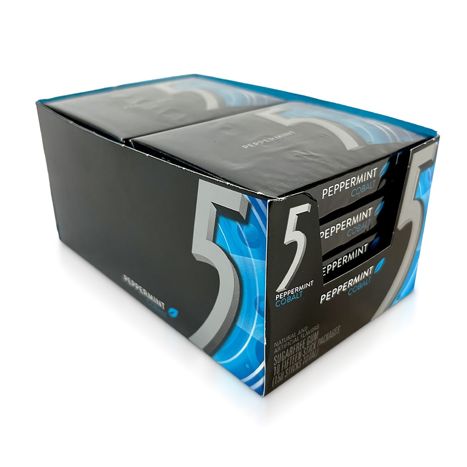 5 Gum Peppermint Cobalt Sugar-Free Chewing Gum - 15 Sticks per Pack, 10 Packs | Fresh Breath for Workouts, Meetings & Daily Use