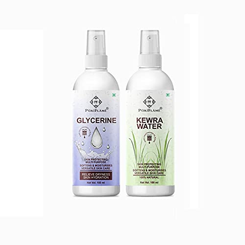 PuriFlame 100% Pure Glycerin for Skin Hydration & Dryness Relief 100ml + Kewra Water for Pore Cleansing, Acne Treatment & Skin Cell Renewal 100ml (2-Pack Combo) | Perfect for Daily Skincare Routine & DIY Beauty Treatments