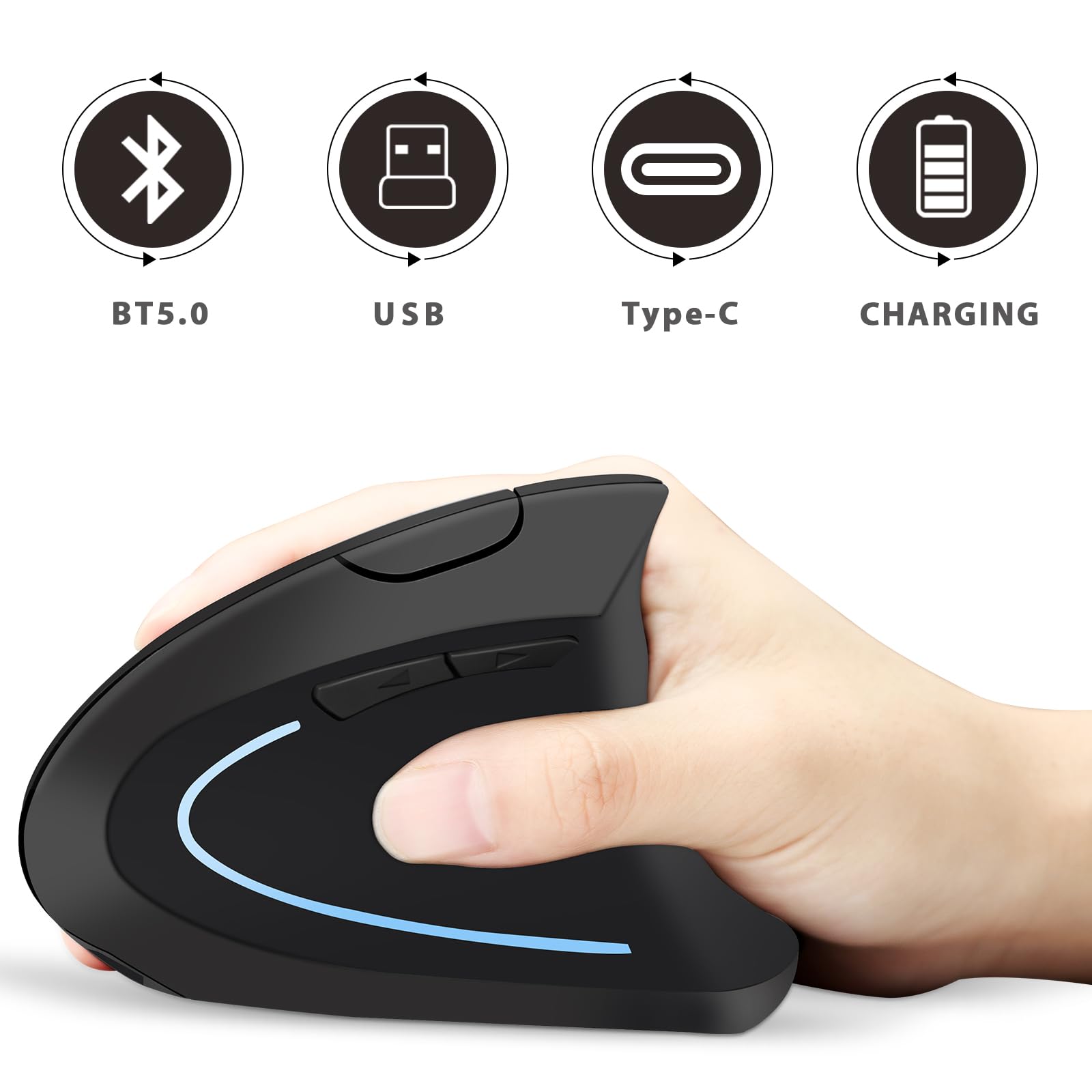 Ergonomic Wireless Bluetooth Vertical Mouse - 3 Modes (BT5.0/USB-A/USB-C), Rechargeable, 6 Buttons, 1600 DPI, 2.4G Optical - Compatible with Mac, iPad, Tablet, Laptop, PC | Perfect for Office Work, Graphic Design & Long Computer Sessions
