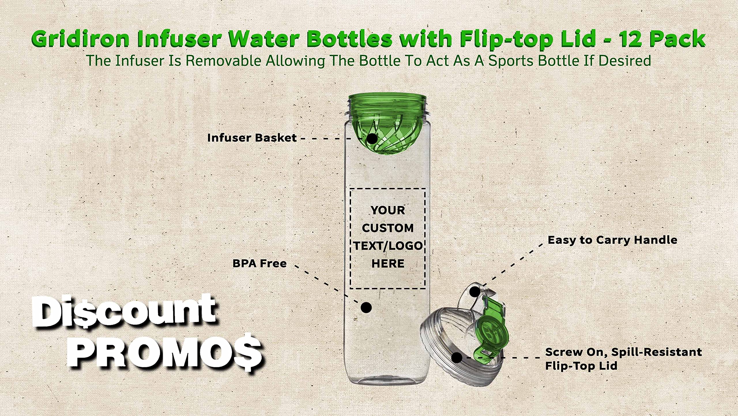 12 Pack Gridiron Infuser Water Bottles 27oz - Custom Text & Logo - Screw On Flip-Top Lid, Leak Proof, BPA Free - Lime Green - Perfect for Sports, Gym, Office & Outdoor Activities