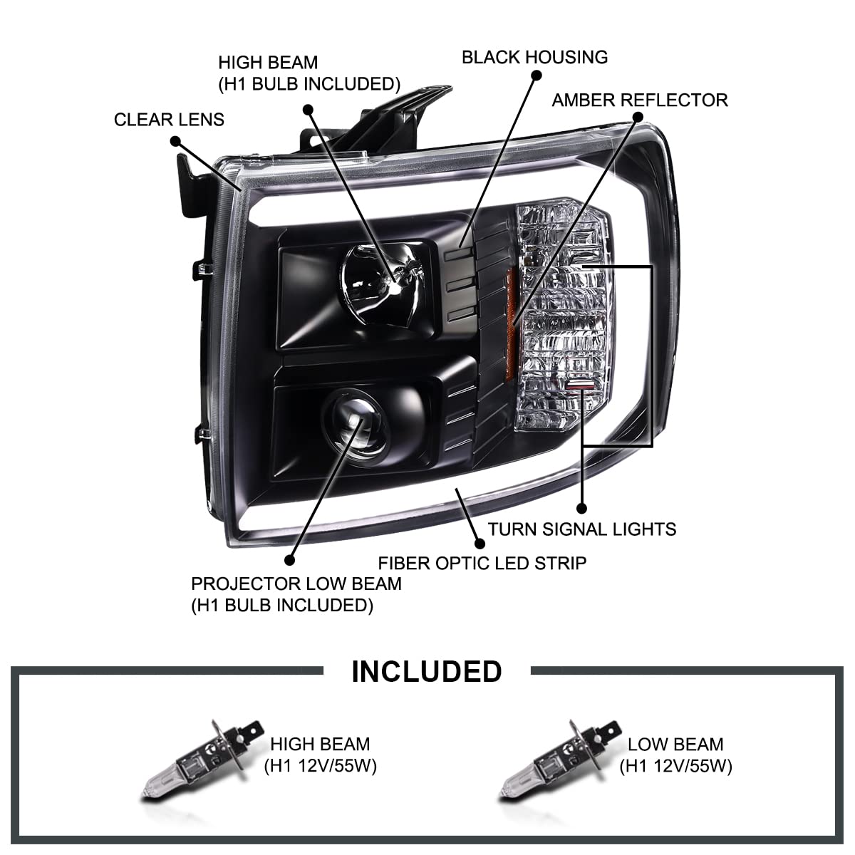 Spec-D Tuning Black LED Projector Headlights for 2007-2013 Chevy Silverado 1500/2500HD/3500HD - Left & Right Pair Headlamp Assembly - Upgrade Your Truck's Style & Night Visibility (Perfect for Off-Roading & Night Driving)