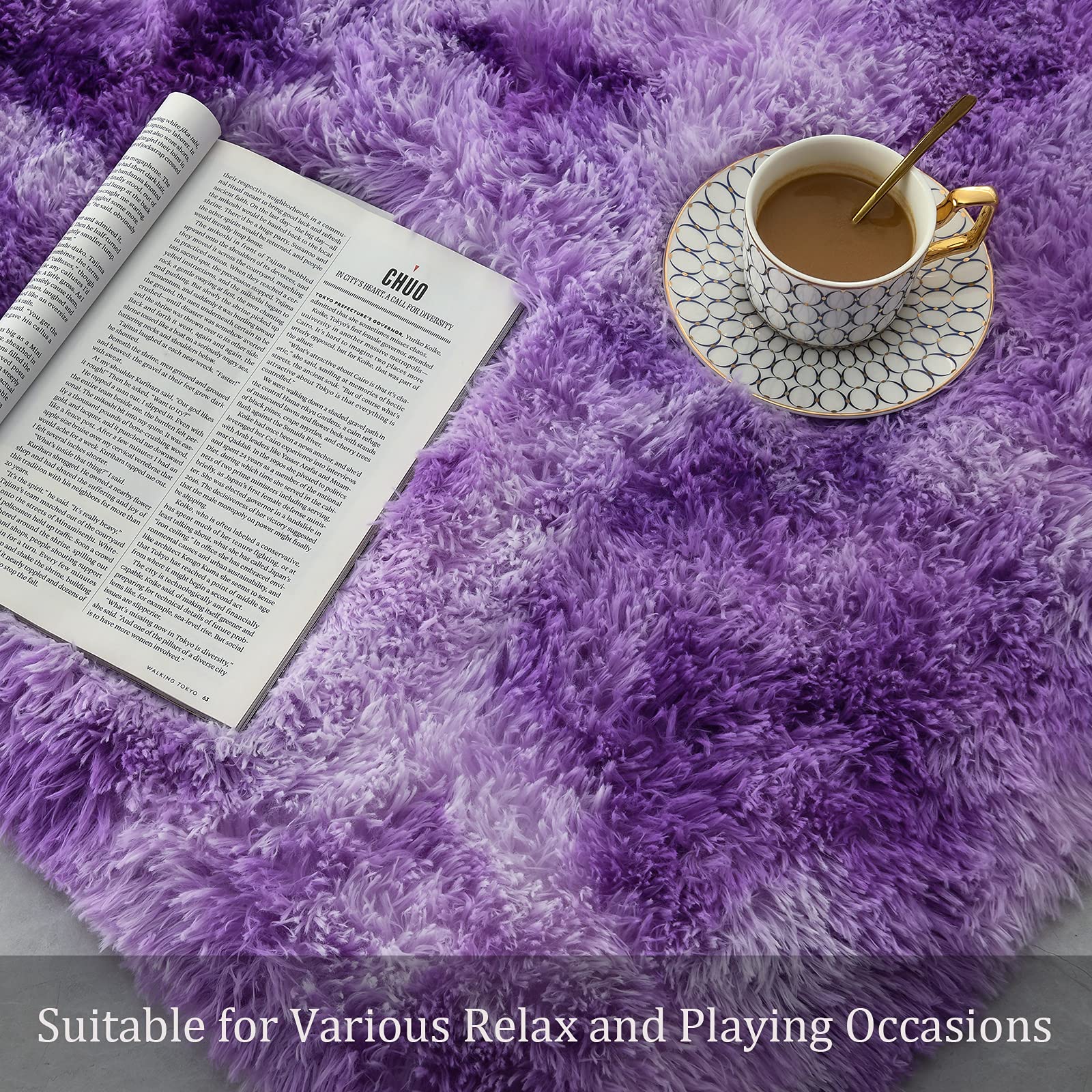Astorug Fluffy Shaggy Area Rug - Non-Slip Tie-Dyed Purple Fuzzy Carpet for Bedroom, Living Room, Kids Room & Nursery - Soft Rectangle Dorm Rug (6x9 Feet) - Perfect for Cozy Home Decor & Floor Protection