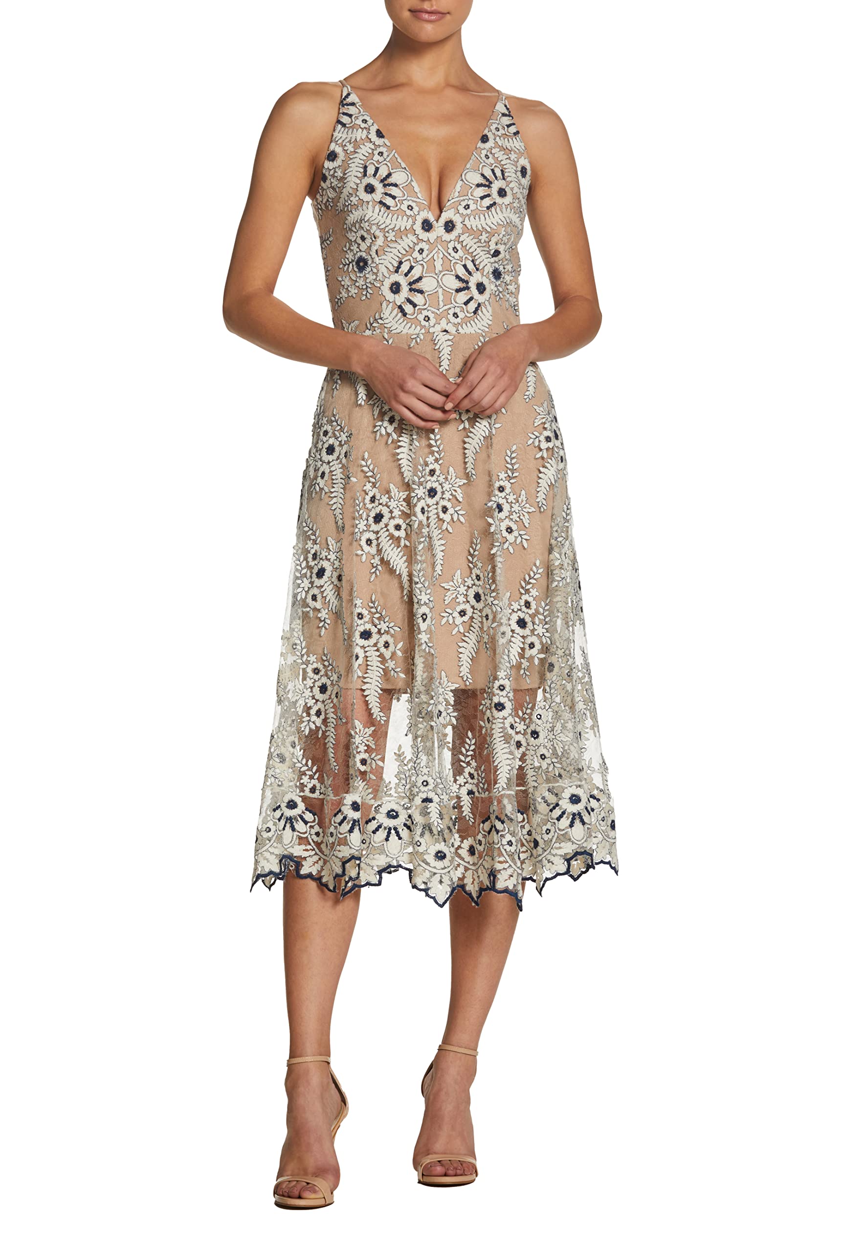 Dress the Population Women's Audrey Spaghetti Strap Midi A-line 3D Floral Dress - Elegant Summer Cocktail Party & Wedding Guest Dress