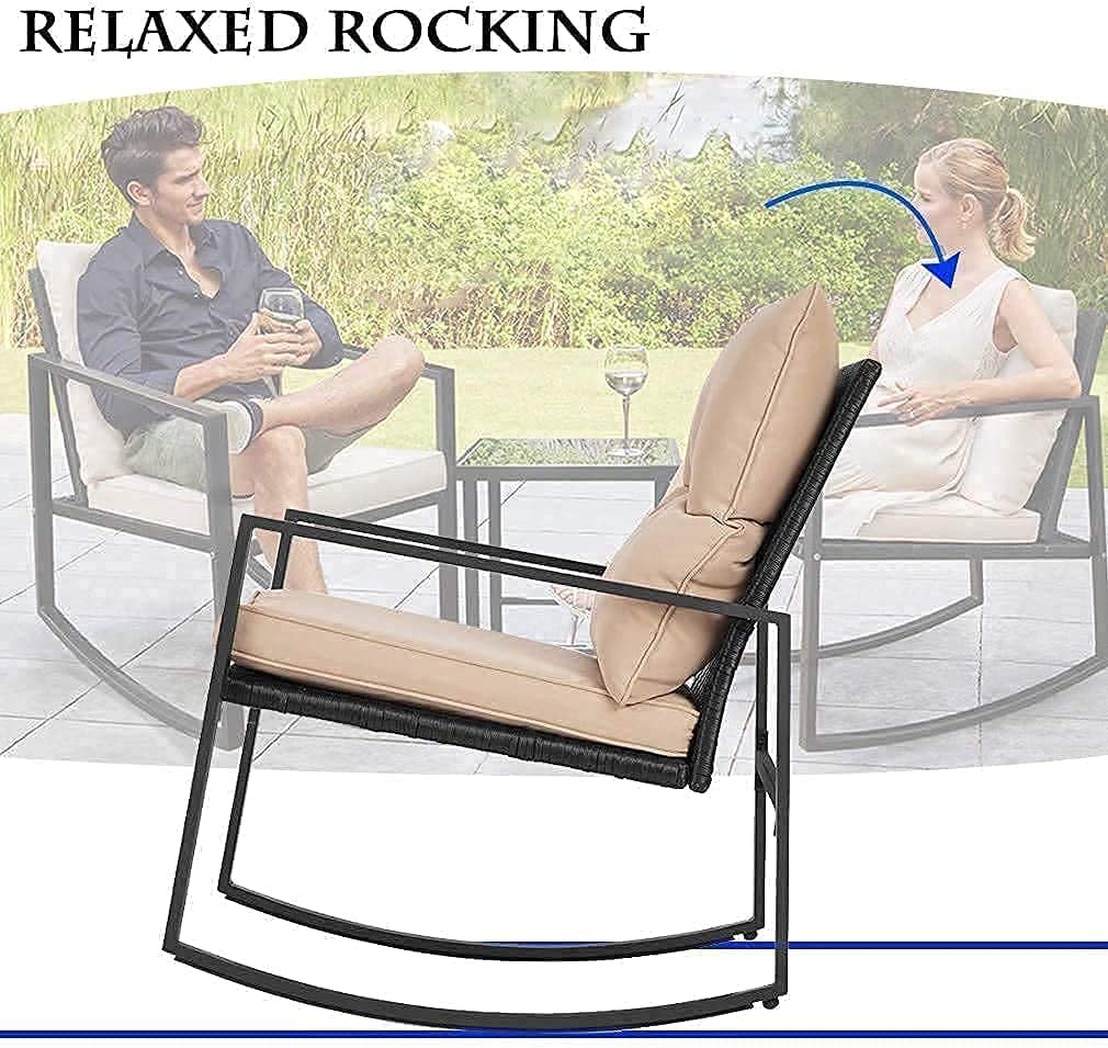 Best 3-Piece Outdoor Patio Furniture Set - PE Rattan Wicker Rocking Chairs with Glass Table - Perfect for Porch, Garden, Backyard & Poolside Relaxation