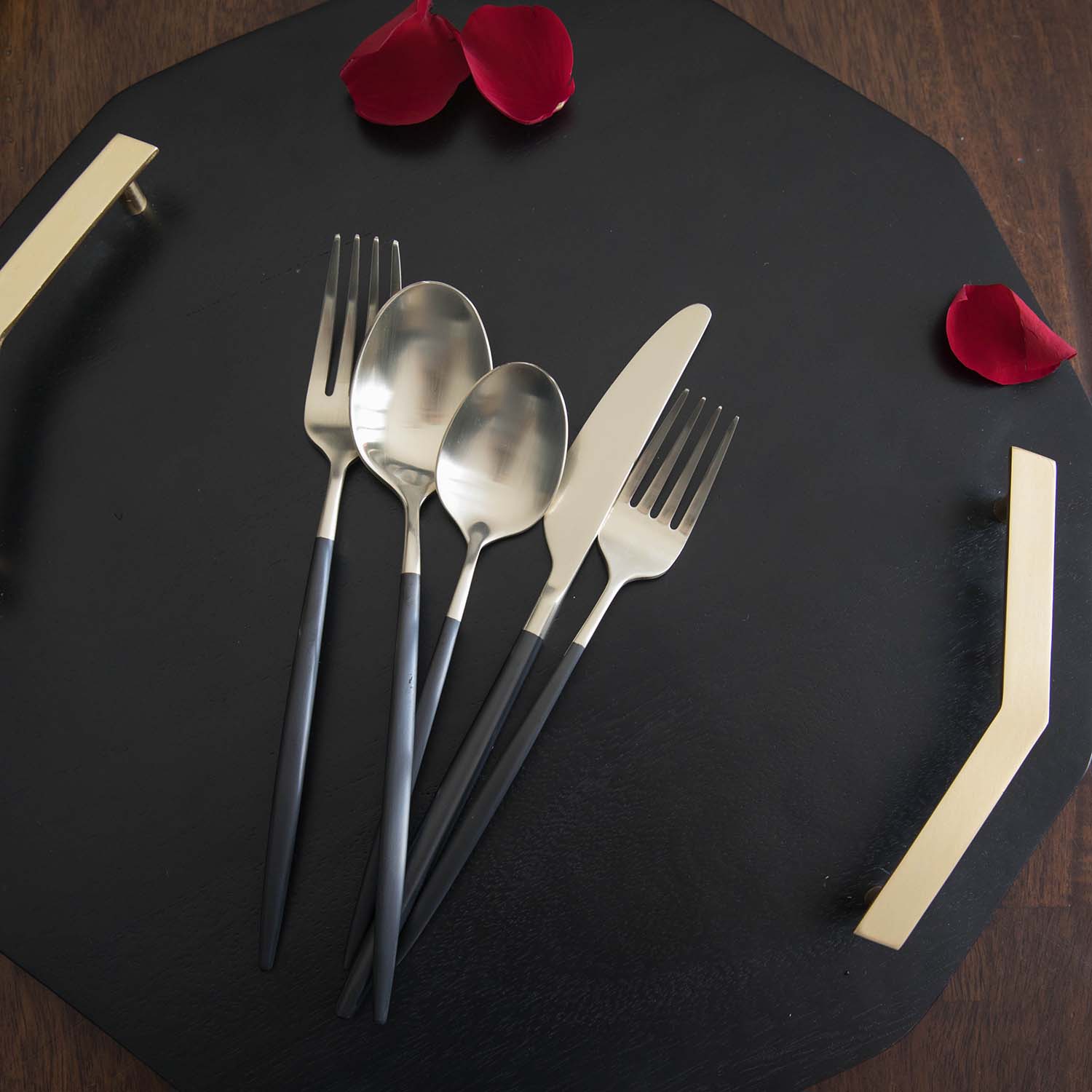 20-Piece Gaze Black Champagne Satin Flatware Set - Elegant Stainless Steel Cutlery for Fine Dining, Weddings & Special Occasions