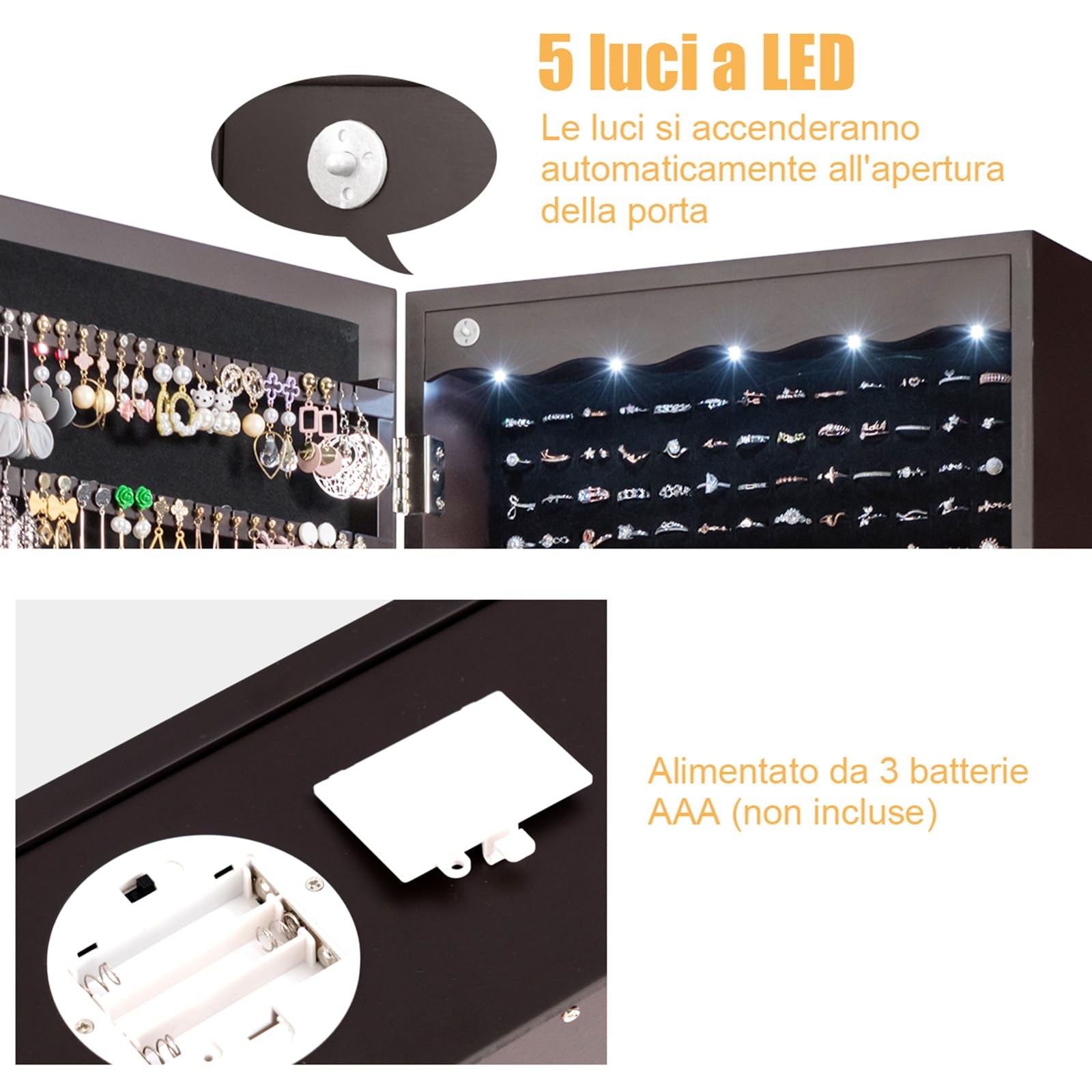 COSTWAY Jewelry Organizer with Mirror - 6 Drawers, 5 LED Lights, Lockable Storage Cabinet for Wall or Door Mount - Perfect for Bedroom, Closet & Vanity (Brown)