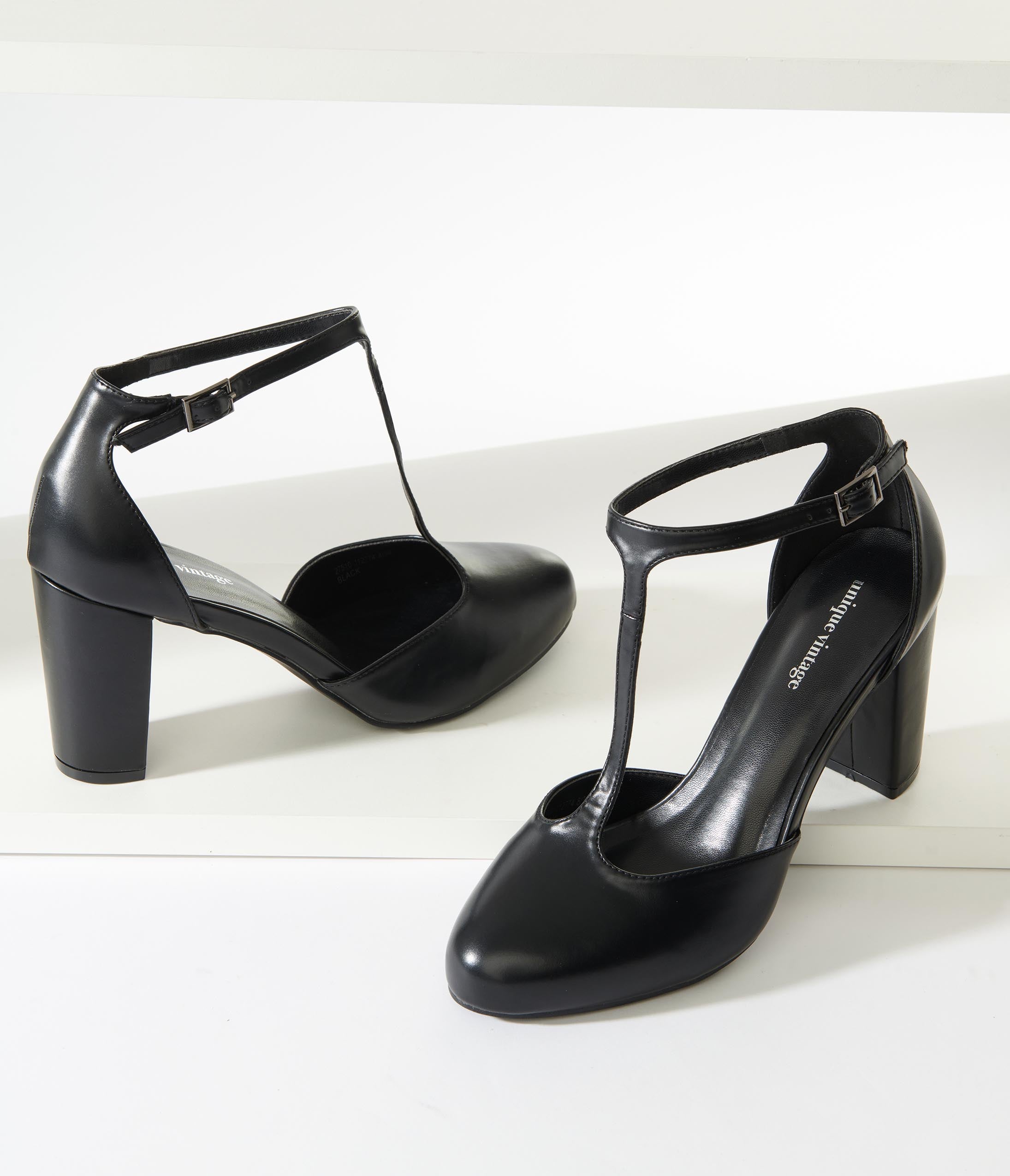 Vintage Black Leatherette T-Strap Mary Jane Pumps - Retro 1920s Inspired Dance Shoes for Swing Dancing, Flapper Costumes & Evening Wear