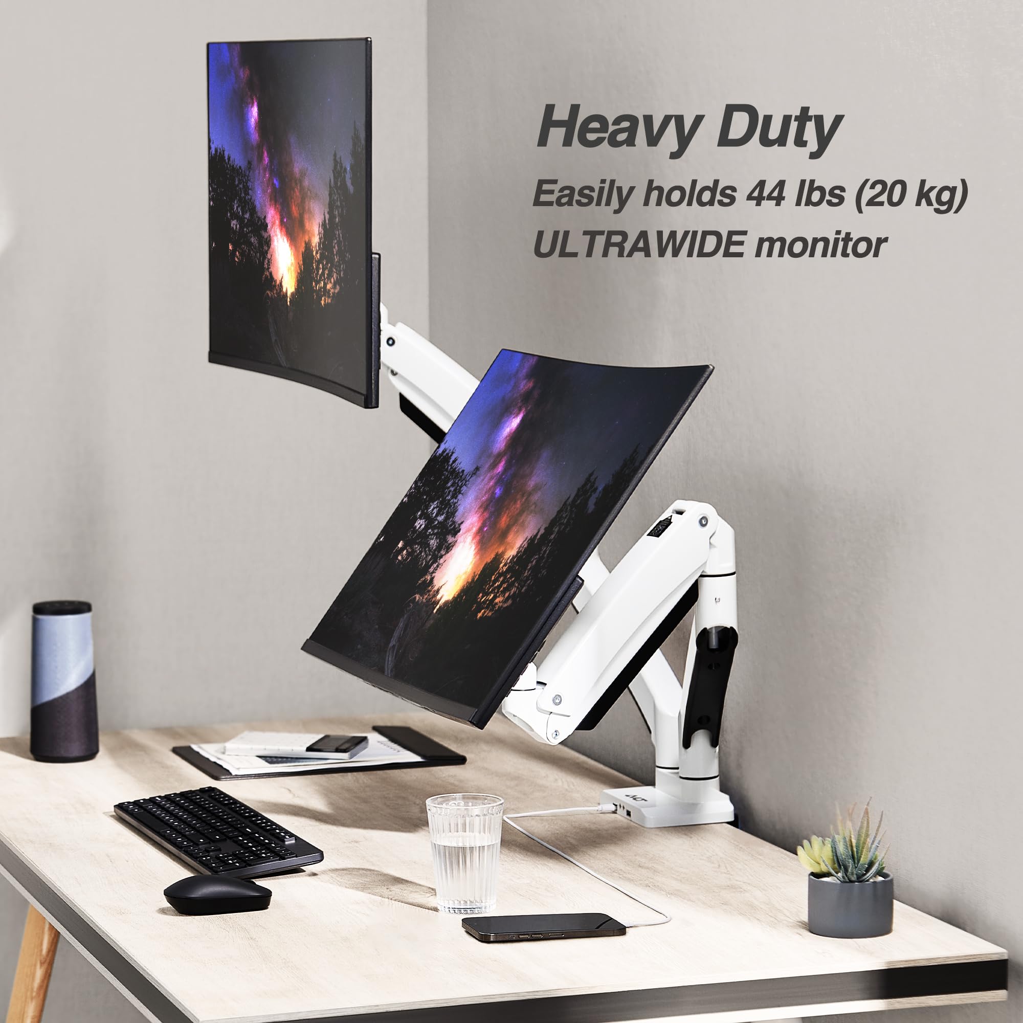 AVLT Dual Monitor Arm 13-43 Inch - Adjustable Full Motion Desk Mount for 2 Flat or Curved Screens with Height, Swivel, Tilt & Rotation - White (VESA 75x75/100x100) - C-Clamp/Grommet Mount & Cable Management - Perfect for Home Office, Gaming Setup & Workstation