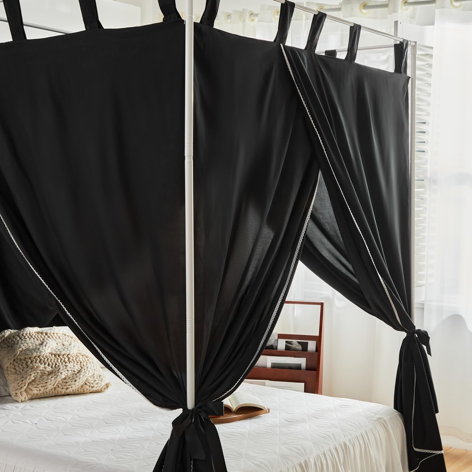 AIKASY Black Canopy Bed Curtains with Top Ties & Tie Backs - Twin Size Windproof Lightproof Bedroom Drapes for Privacy & Decoration | Perfect for Romantic Bedrooms, Dorm Rooms & Cozy Sleep Spaces