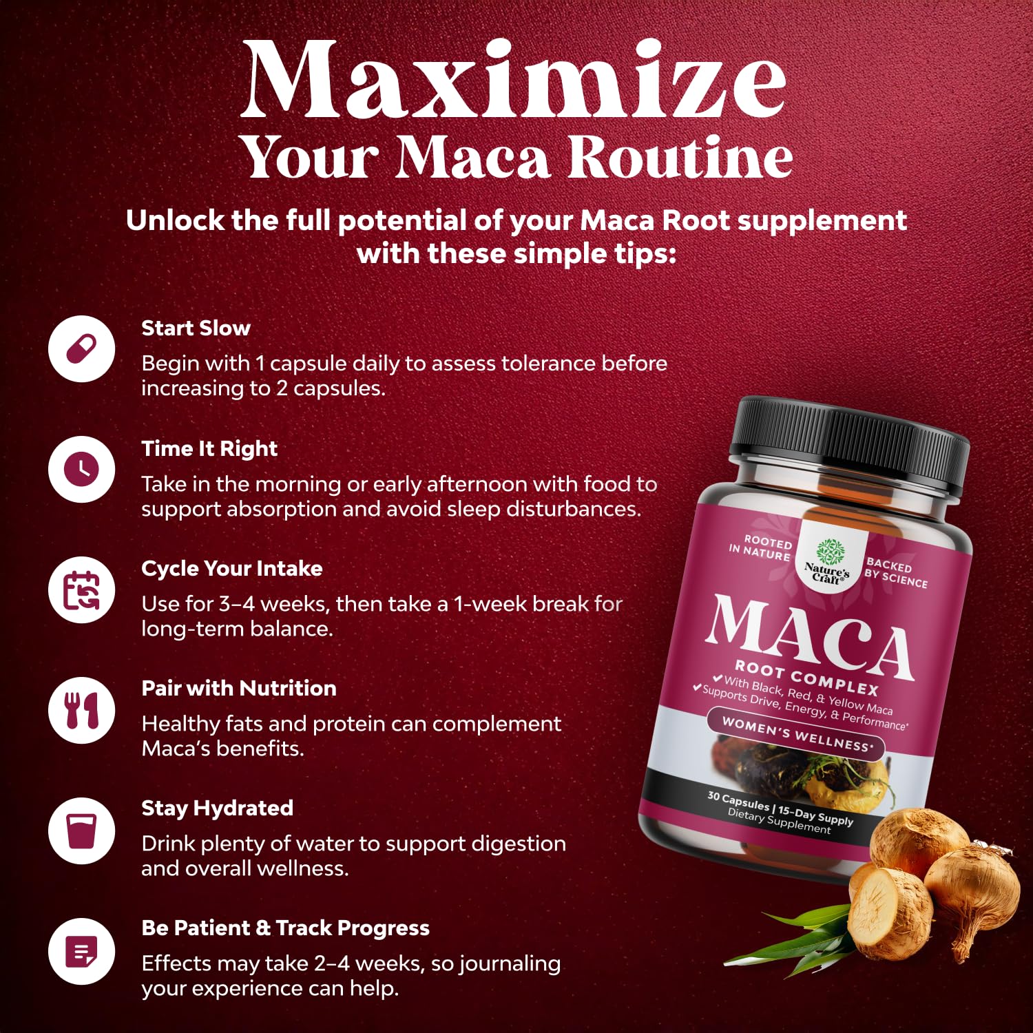 Organic Maca Root Capsules for Women - Natural Energy & Hormone Balance Supplement with Red, Yellow & Black Maca Blend - Non-GMO, Vegan, Gluten-Free - 30 Count - Perfect for Daily Wellness & Menopause Support