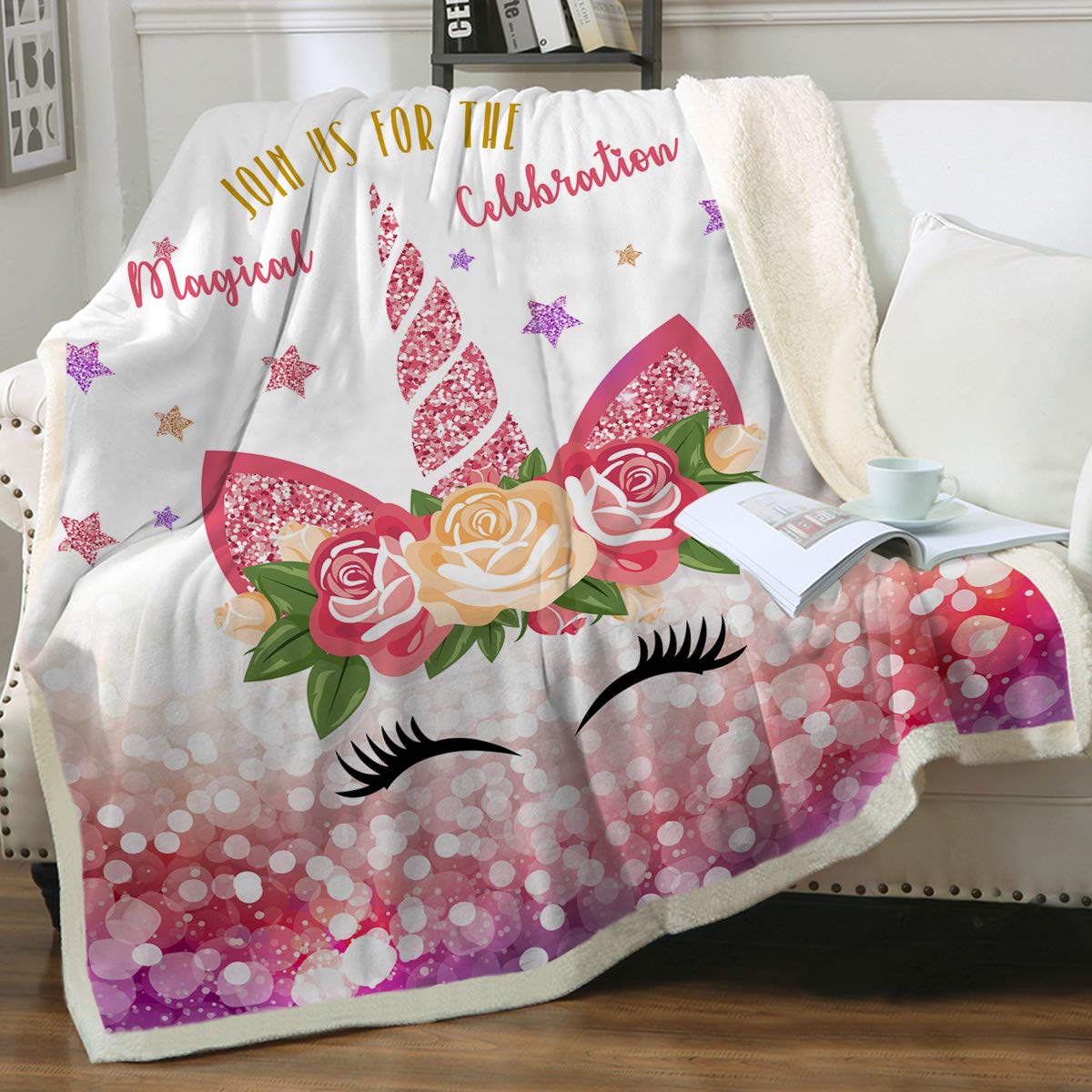 Pink Unicorn Eye Mask Blanket for Girls & Adults - Soft Floral Fleece & Gold Glitter Sherpa Blanket (60