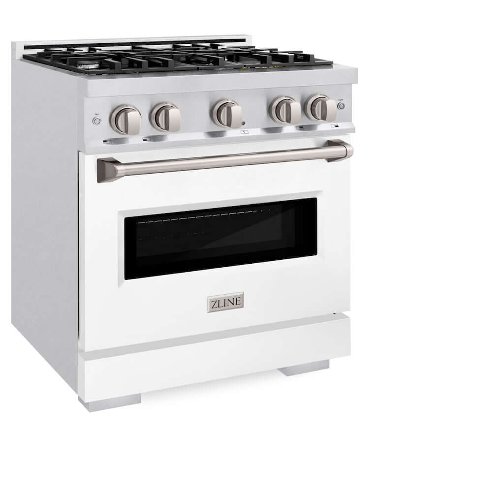 ZLINE 30 Inch 4.2 Cu. Ft. Classic Gas Range with 4 Burner Cooktop & Convection Gas Oven - Satin Stainless Steel with White Matte Door (CGRS WM 30) | Perfect for Modern Kitchens, Home Chefs & Baking Enthusiasts