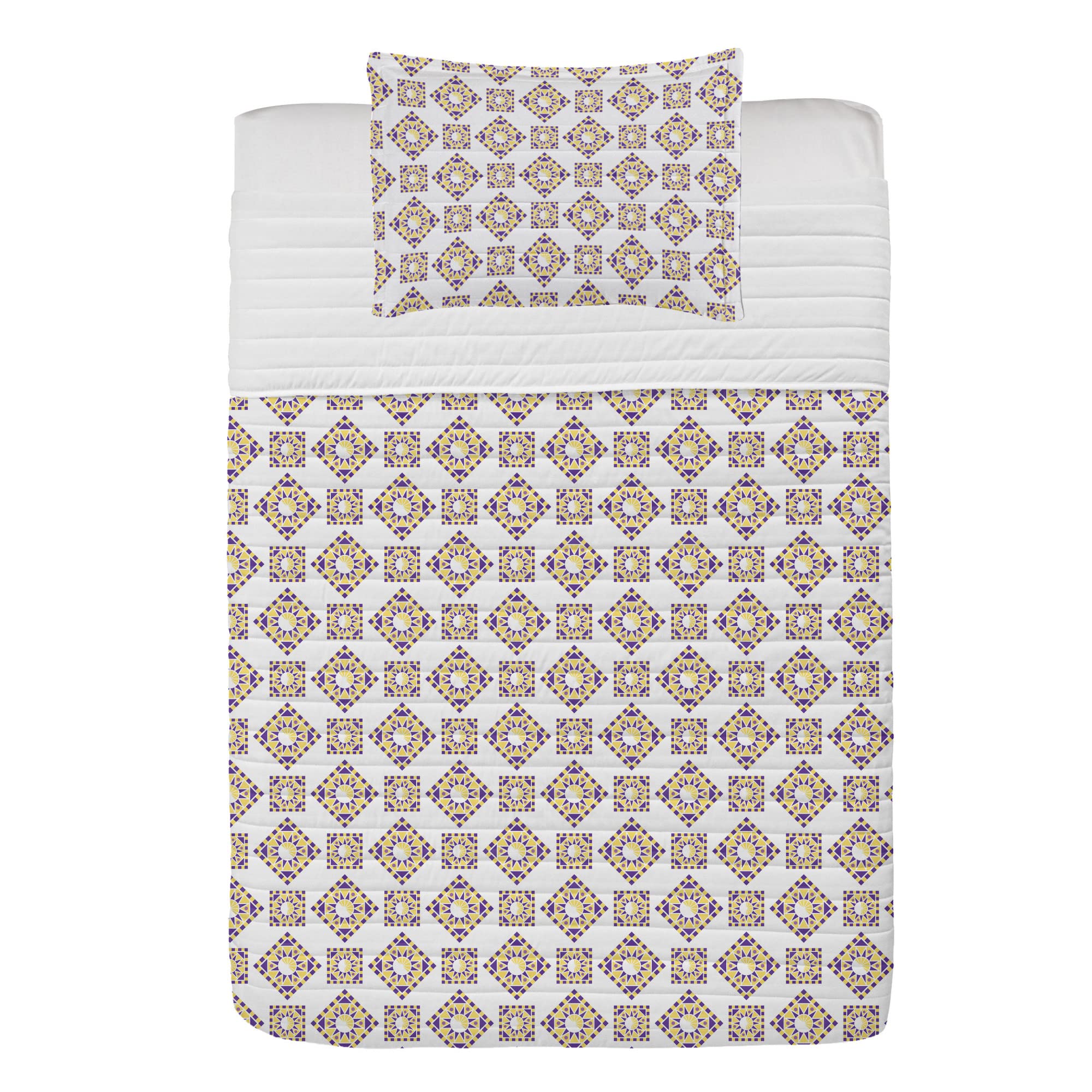Ambesonne Microfiber Bedspread Set - Abstract Geometric Polygonal Squares Design with Tribal Sun Motif | Soft Twin Size Bedding Set Includes Comforter & Pillow Sham in Quartz Mustard White | Perfect for Modern Bedrooms, Guest Rooms & Dorm Decor