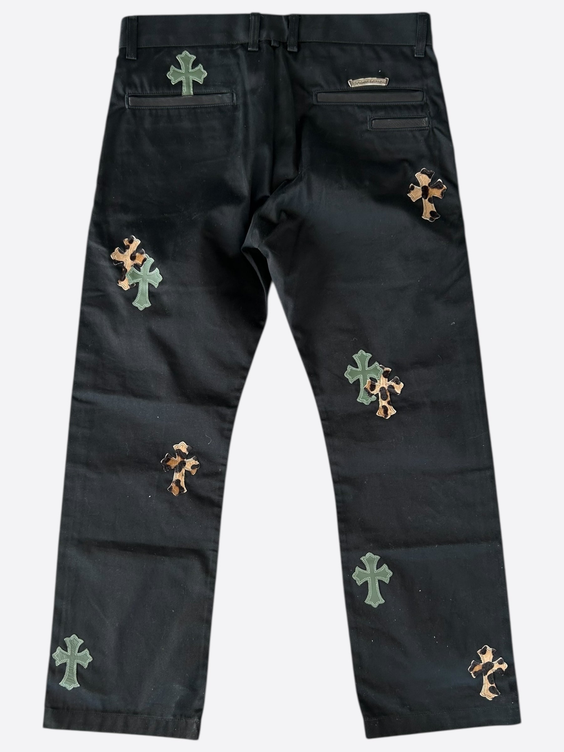 Chrome Hearts Black Cheetah Print Green Cross Patch Chino Pants for Men - Stylish Streetwear & Casual Fashion for Everyday Wear
