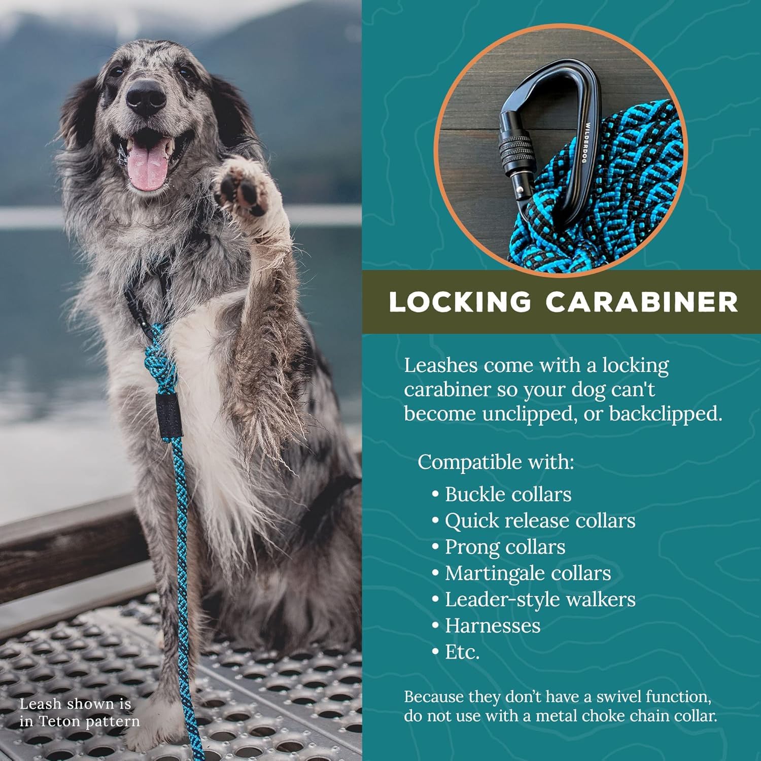 Wilderdog Heavy Duty Carabiner Climbing Rope Dog Leash - 10ft Durable Leash for Medium & Large Dogs - Teton Outdoor Adventure Gear - Perfect for Hiking, Camping & Daily Walks