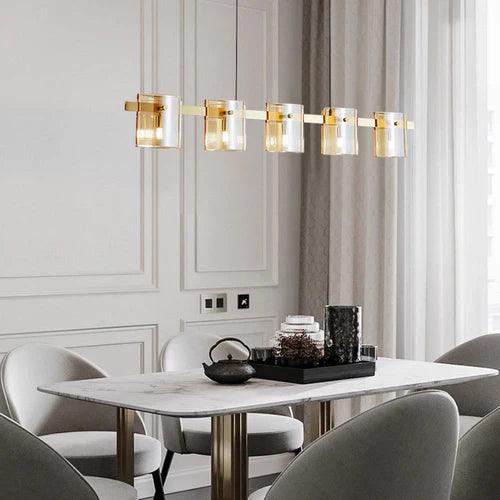 Modern Rectangular Glass Dining Room Brass Pendant Light - Elegant Hanging Chandelier for Kitchen Island, Breakfast Nook & Dining Table Lighting
