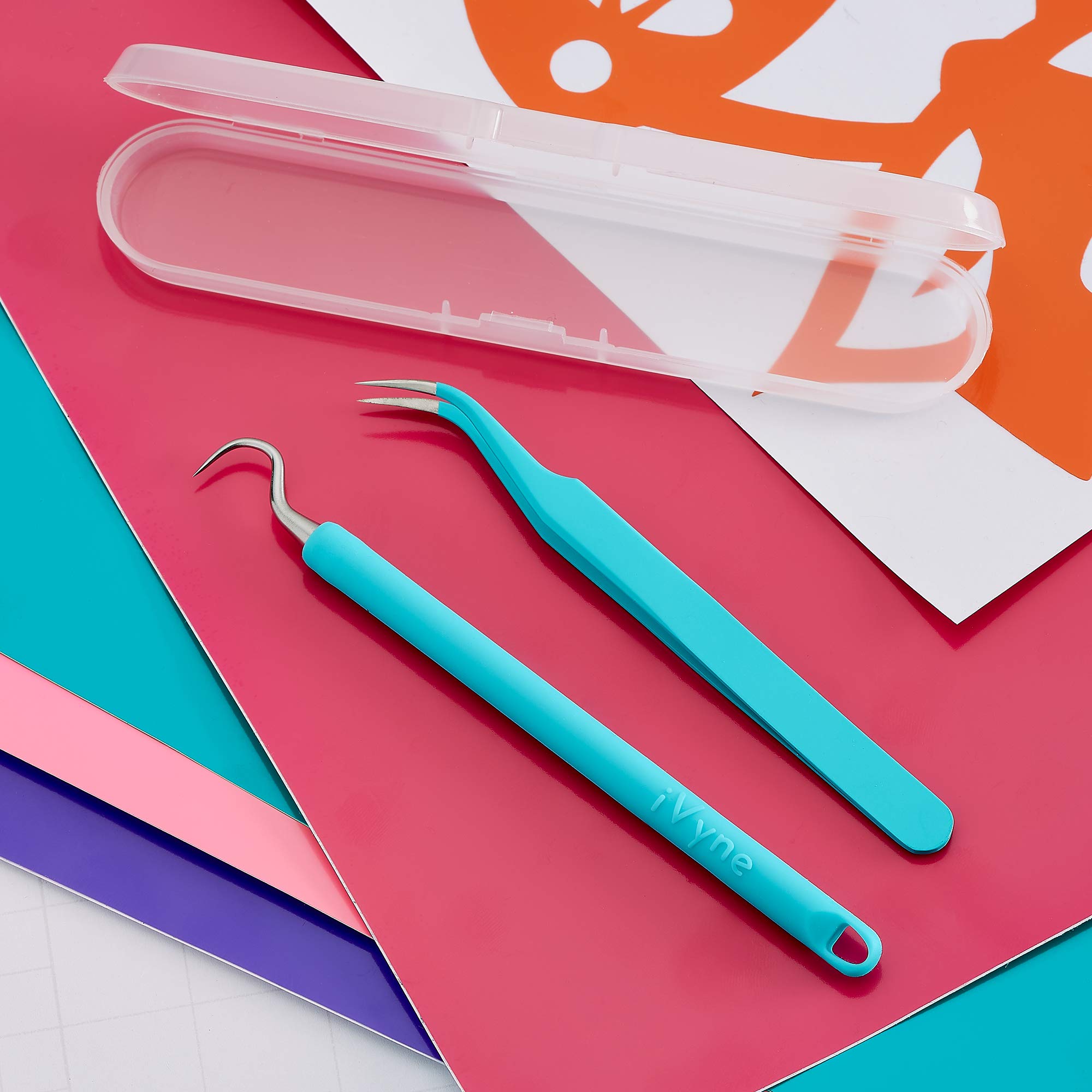 iVyne 2-Piece Silicone Weeding Tool Set for Cricut Vinyl - Includes Crafting Tweezers & Vinyl Weeder - Perfect for Silhouette Cameo, HTV, Adhesive Vinyl Projects - Great for DIY Crafts, Decals, T-Shirt Designs & Home Decor (Blue)