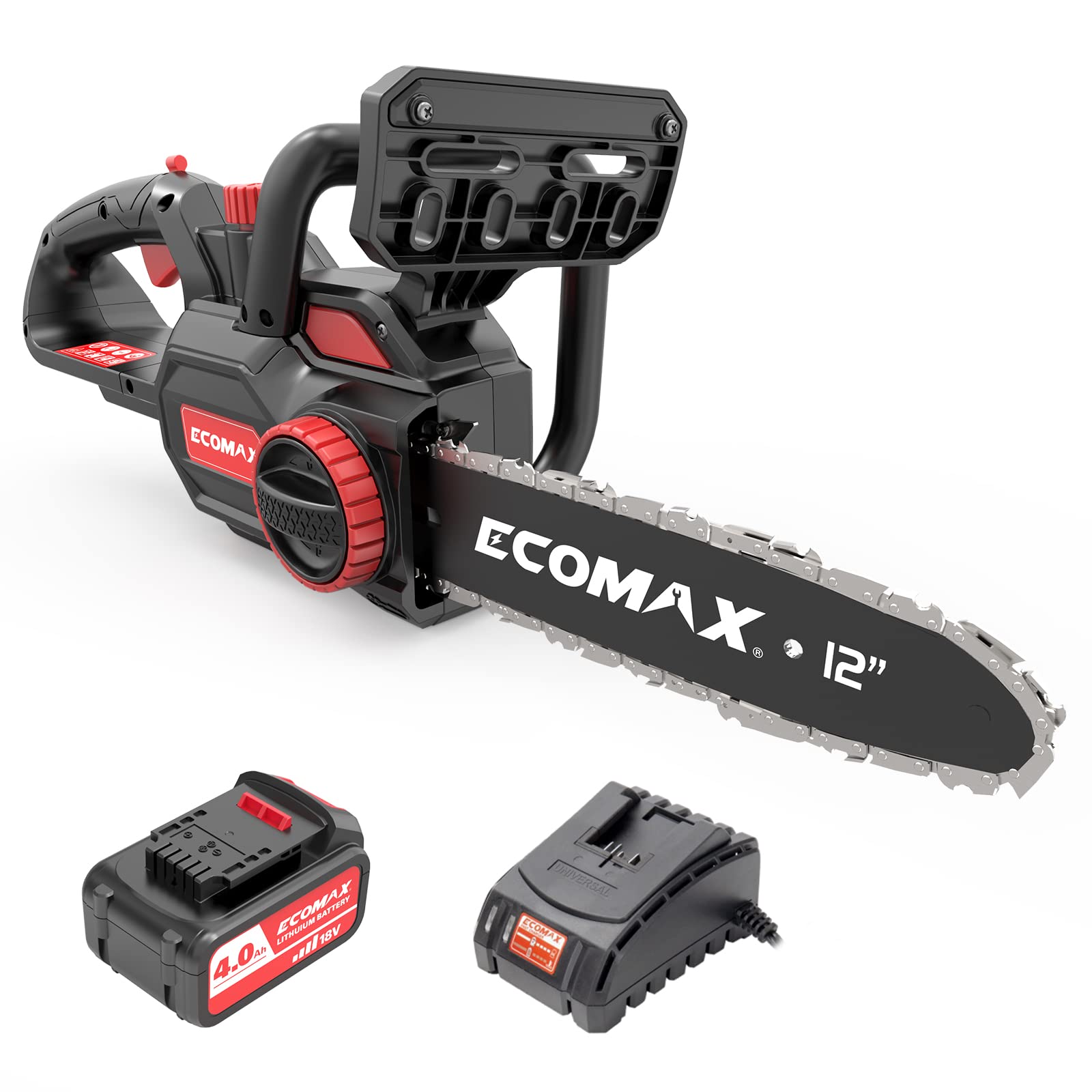 18V Cordless Electric Chainsaw 12-Inch with 4Ah Battery & Fast Charger - Powerful Double Safety Switch for Wood Cutting - Perfect for Farm, Backyard, Garden, Ranch & Tree Trimming (Model ELG05)
