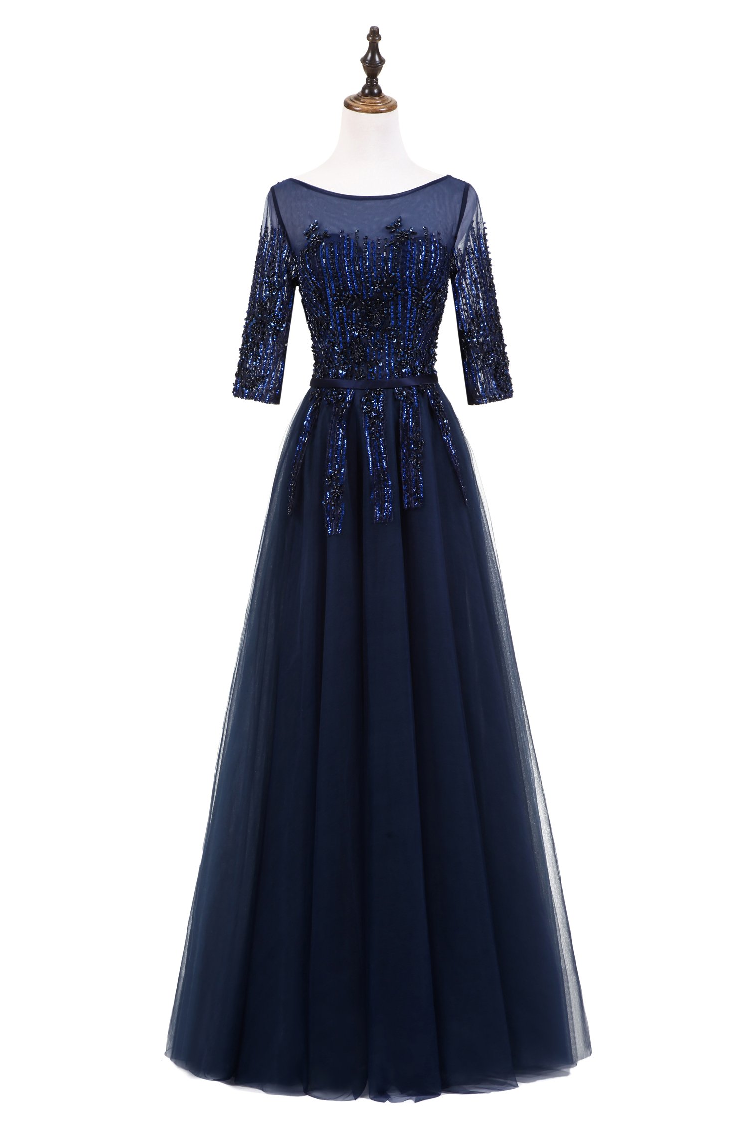Elegant Women's 1/2 Sleeves Scoop Neck Beaded Sequins Tulle Evening Dress for Prom, Wedding & Special Occasions