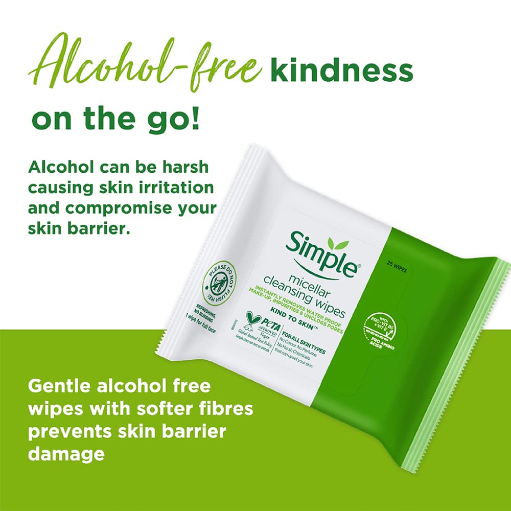 Simple Kind To Skin Micellar Cleansing Wipes - 25 Count | Gentle Makeup Remover Wipes for Waterproof Makeup, Deep Cleansing & Pore Unclogging | Soft Facial Wipes with Multivitamins & Hydrating Formula | Perfect for Travel, Gym & Daily Skincare Routine