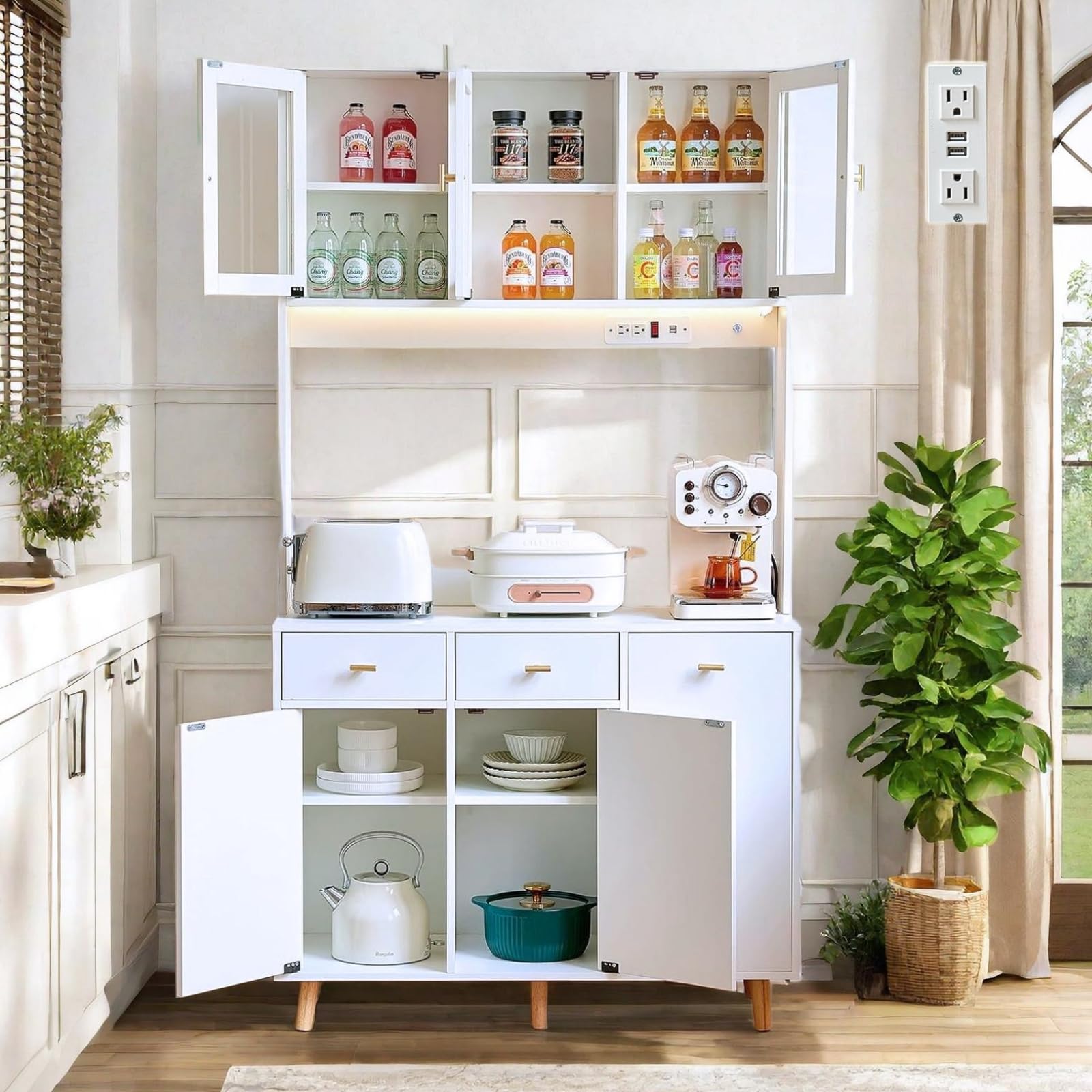 Modern White Kitchen Pantry Storage Cabinet with Hutch - Buffet Cabinet with LED Light, Charging Station & Microwave Stand - Tall Cupboard for Dining Room & Kitchen Organization - Perfect for Small Spaces & Open Shelving Display