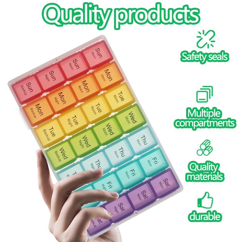 Large Weekly Pill Organizer - 4 Times AM/PM, 7 Day Travel Pill Box with Vitamin Compartments | Monthly Medicine Dispenser for Travel, Home & Daily Medication Management